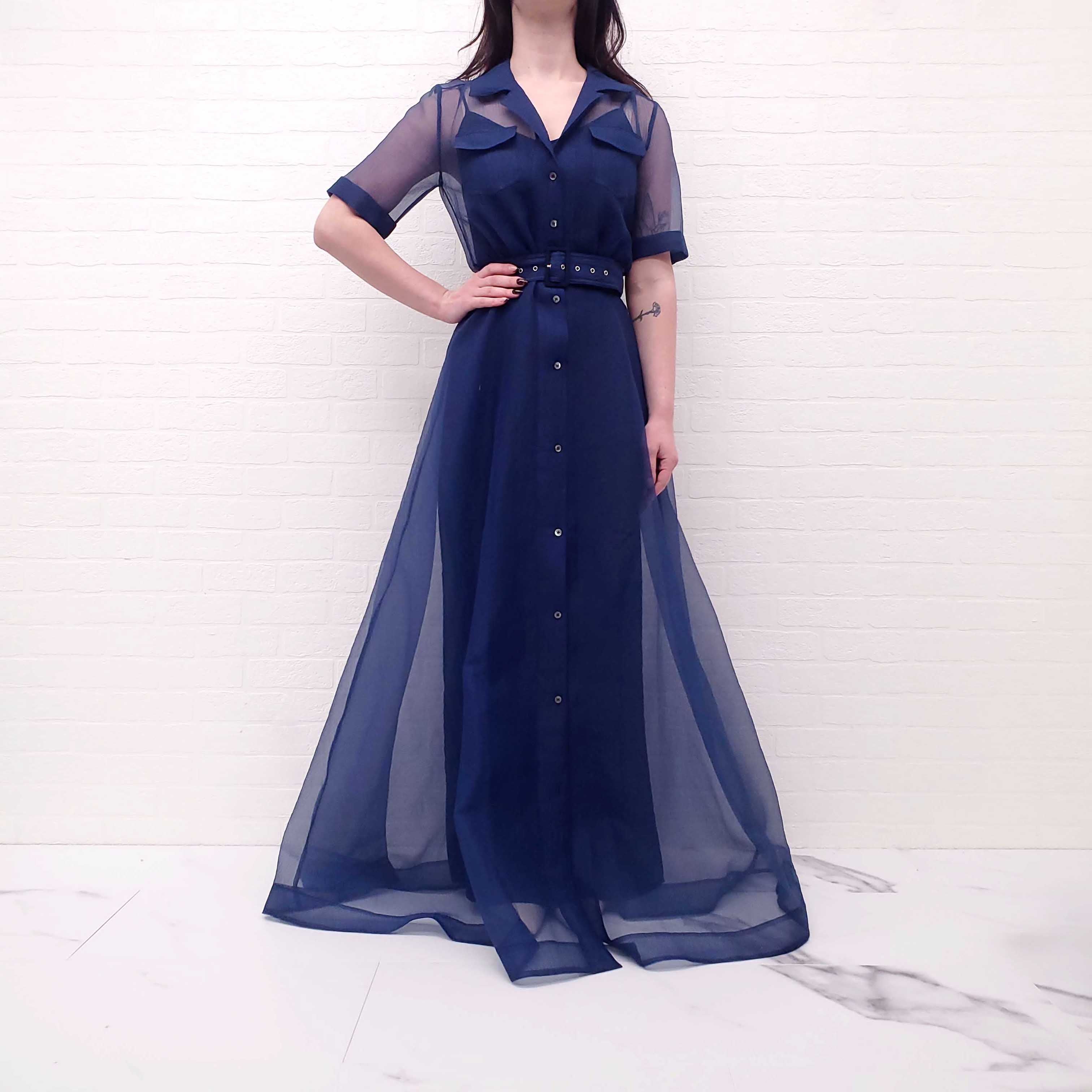STAUD MESH BLUE DRESS WITH BELT - SIZE 4