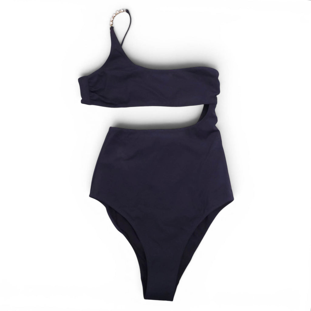 STELLA MCCARTNEY BLACK CUTOUT ONE-PIECE SWIMSUIT WITH PEARL DETAIL - SIZE S