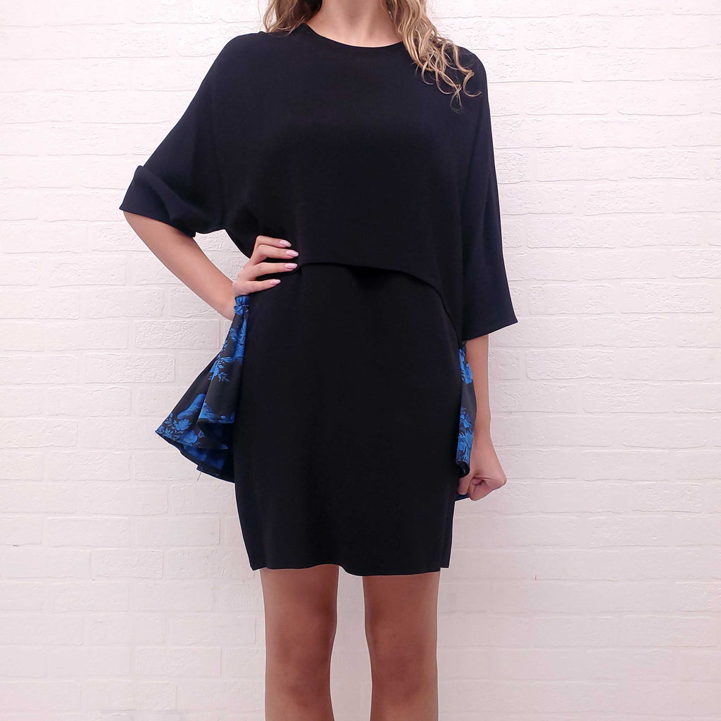 STELLA MCCARTNEY BLACK DRESS WITH BLUE FLORAL FRILL BACK - SIZE 42