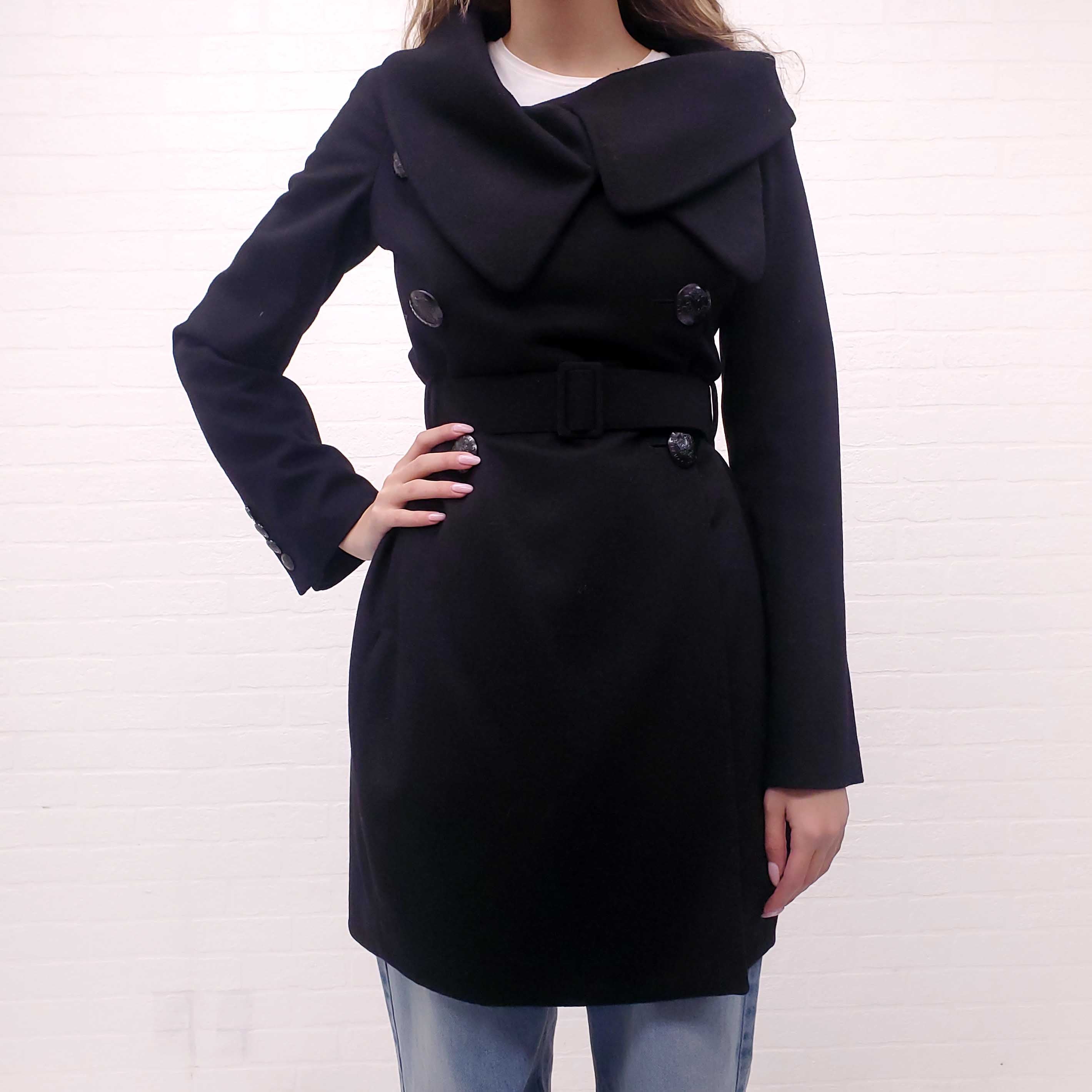 STELLA MCCARTNEY BLACK WOOL COAT WITH BUTTONS AND BELT - SIZE 42