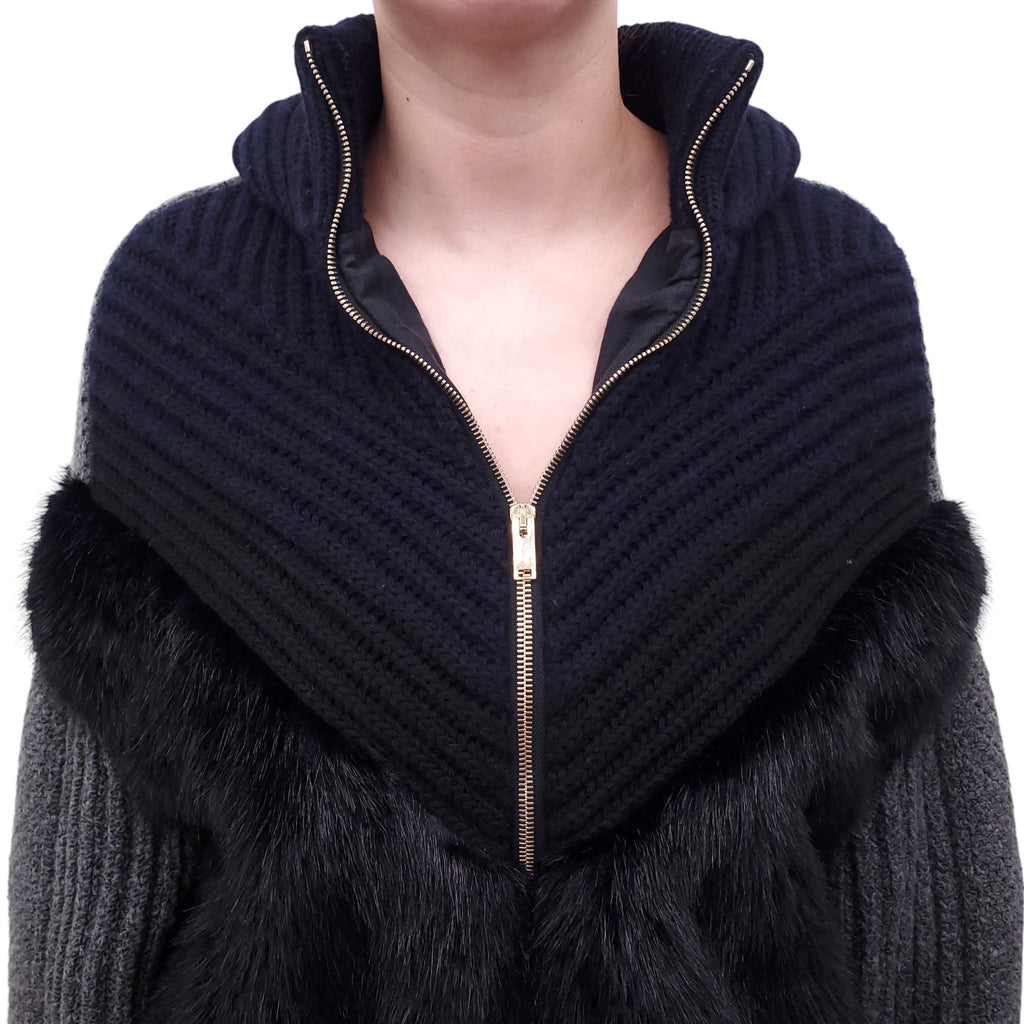 STELLA MCCARTNEY NAVY FUR HALF ZIP SWEATER - SIZE 40