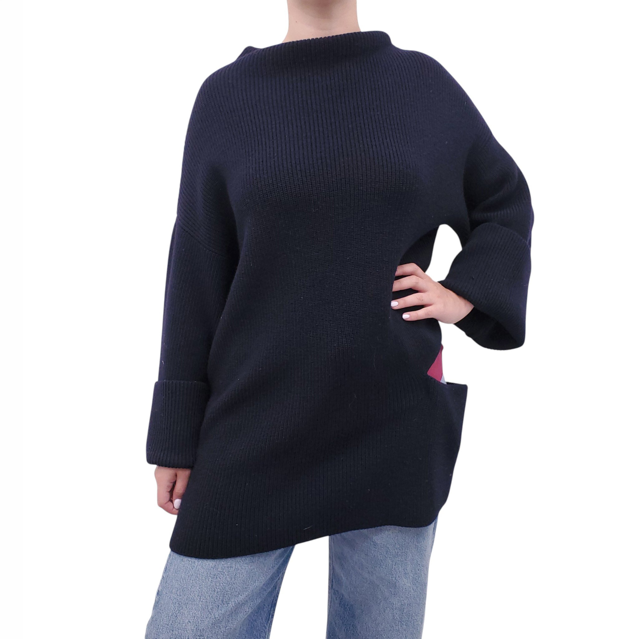 STELLA MCCARTNEY NAVY KNIT SWEATER WITH BURGUNDY CUTOUT DETAIL - SIZE 44