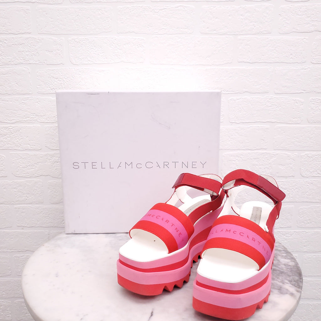 STELLA MCCARTNEY PINK AND RED LOGO PLATFORM SANDALS - SIZE 37