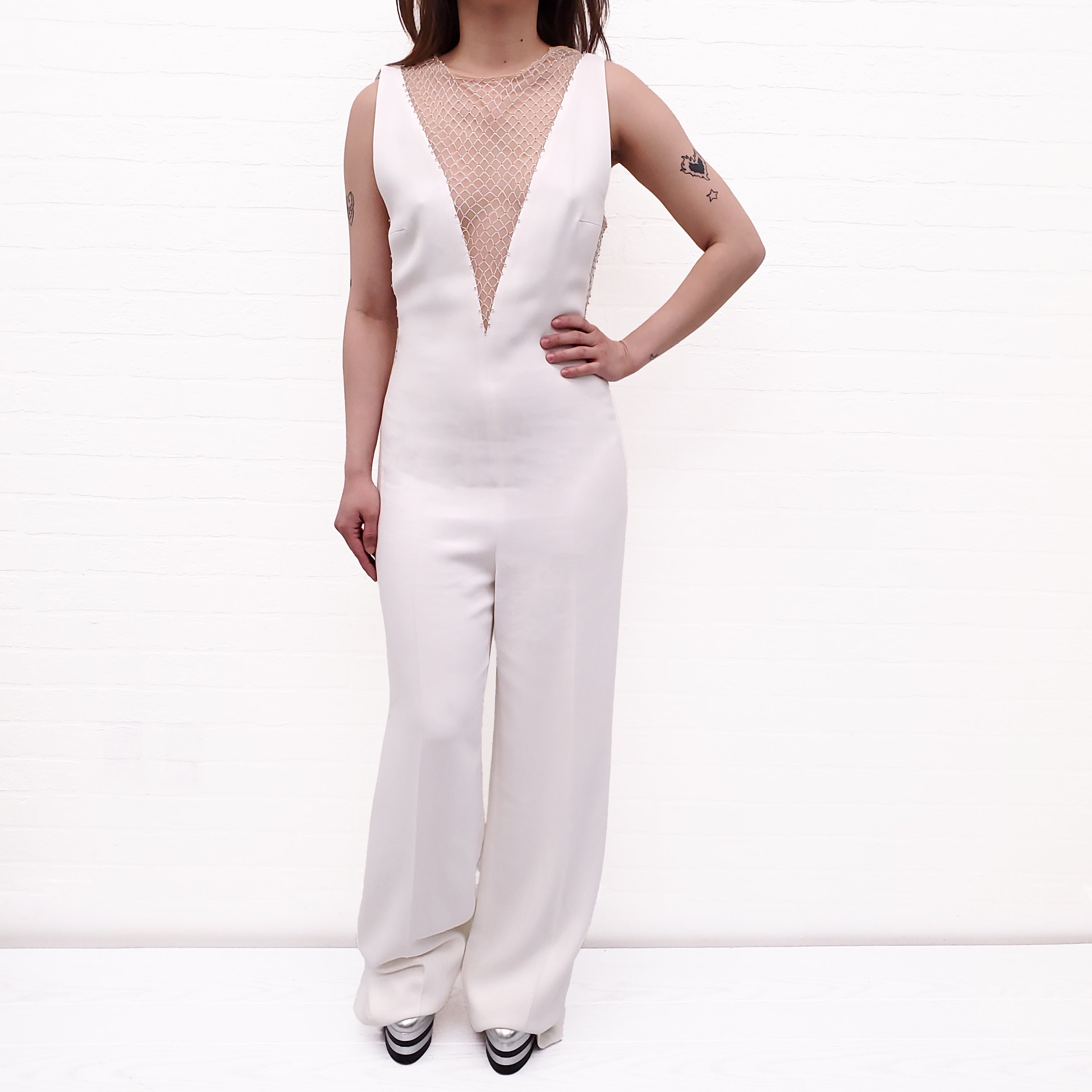 STELLA MCCARTNEY WHITE CRYSTAL MESH DEEP V JUMPSUIT - SIZE  38