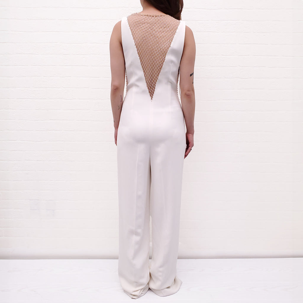 STELLA MCCARTNEY WHITE CRYSTAL MESH DEEP V JUMPSUIT - SIZE  38