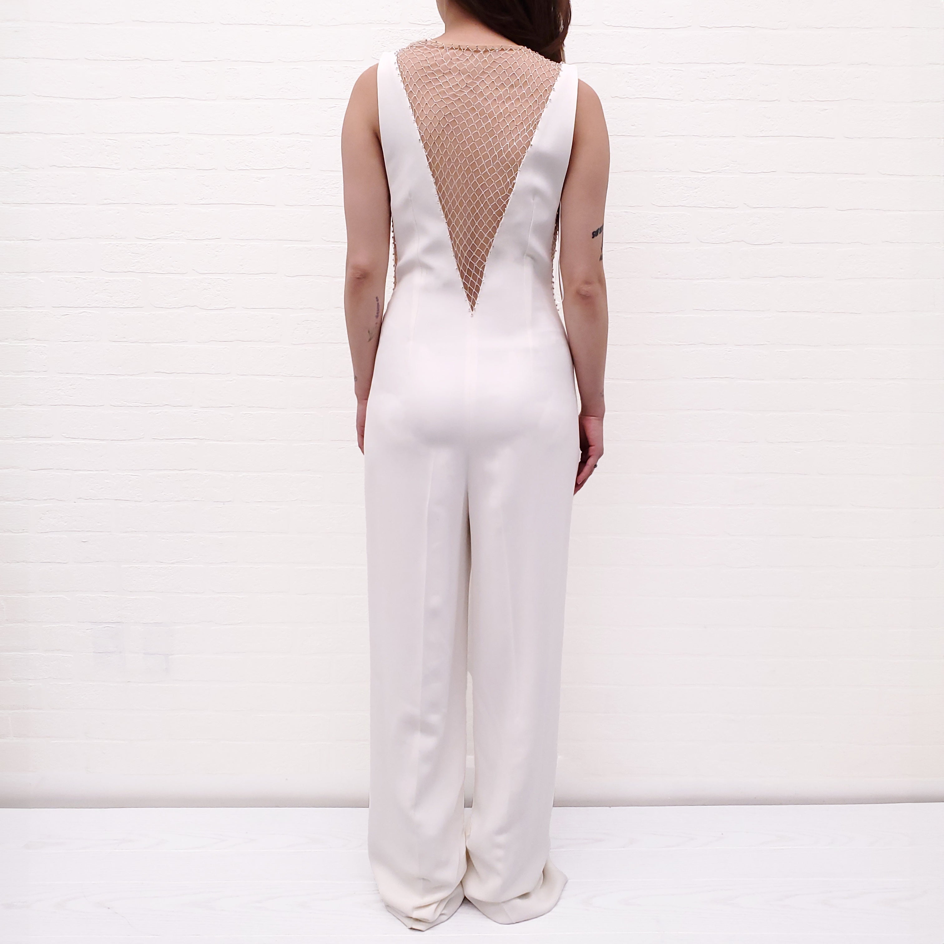 STELLA MCCARTNEY WHITE CRYSTAL MESH DEEP V JUMPSUIT - SIZE  38