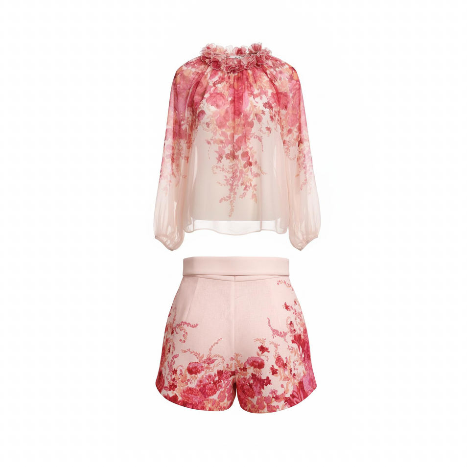 ZIMMERMANN PINK FLORAL BLOUSE AND SHORT SET WITH PEARL DETAIL - SIZE 1 (US 6)