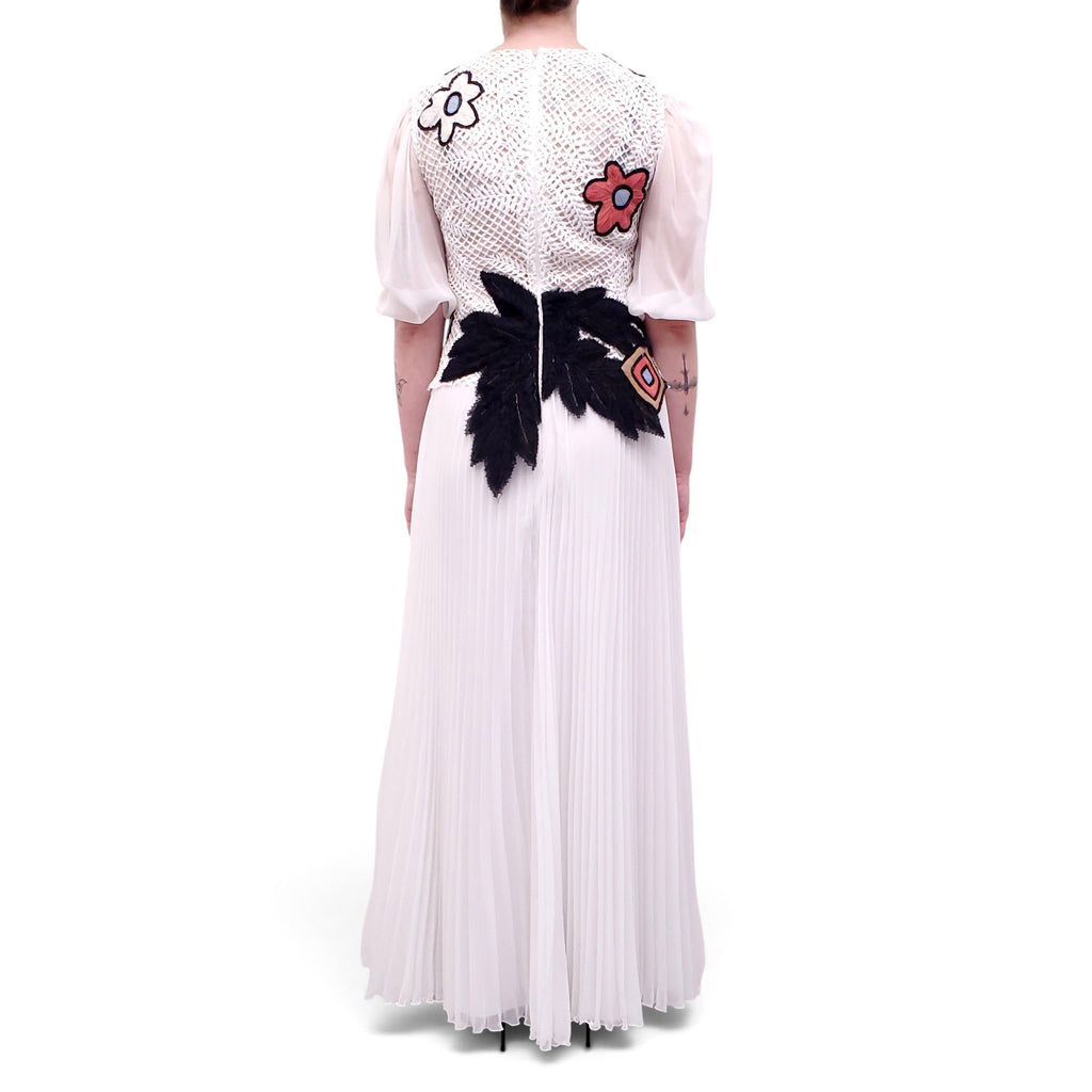 TALBOT RUNHOF WHITE EMBROIDERED PLEATED DRESS - SIZE 38