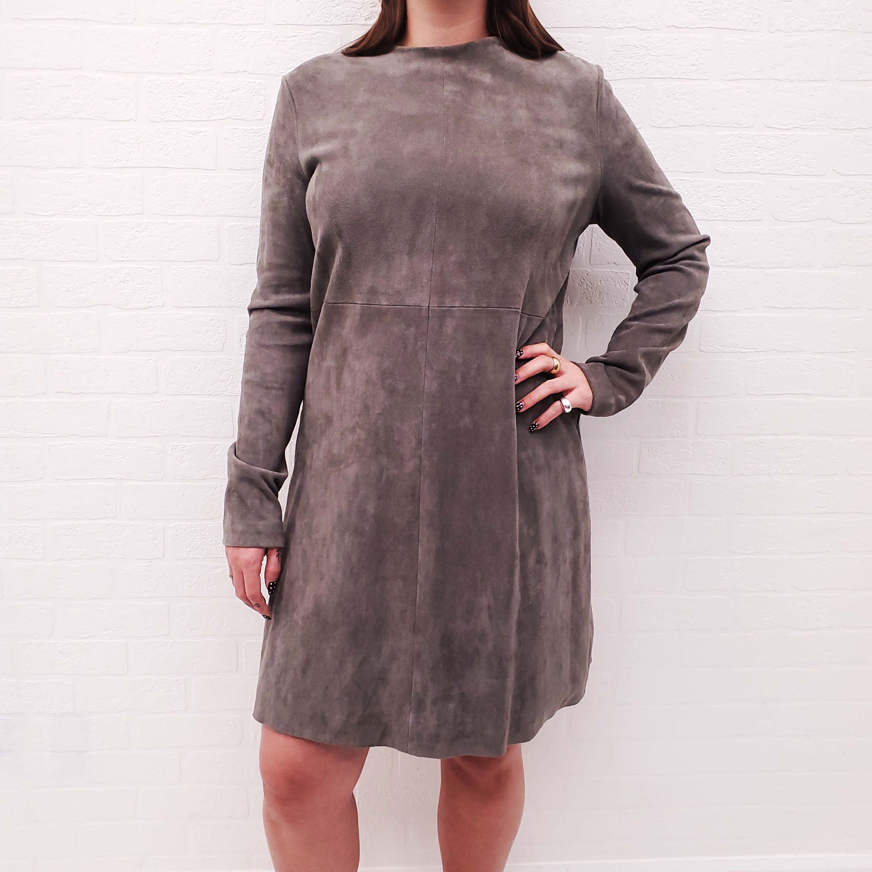 THE ROW GREY SUEDE LONG SLEEVE DRESS - SIZE 10