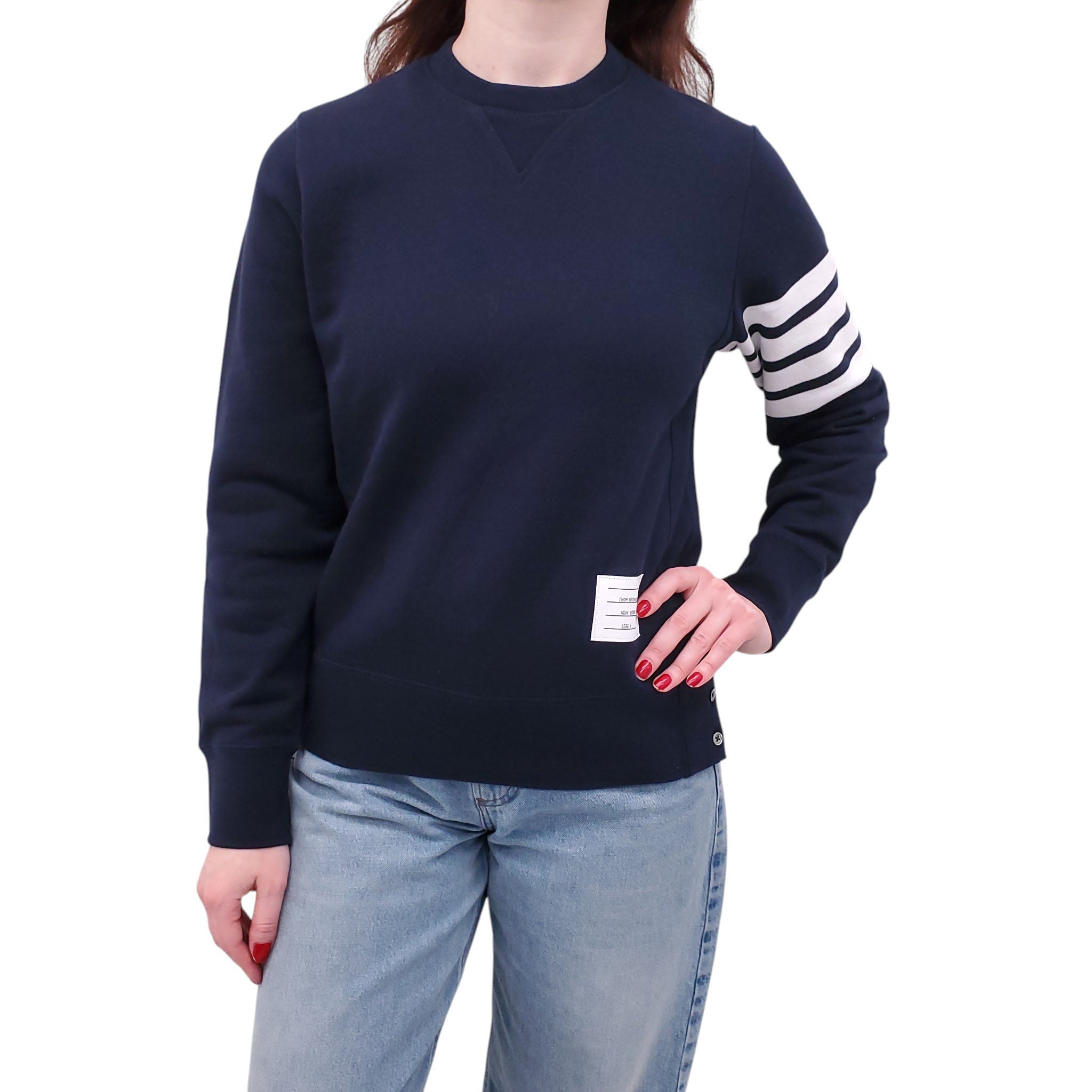 THOM BROWNE NAVY LONG-SLEEVE SWEATSHIRT WITH WHITE 4-BAR DETAIL - SIZE 1/S