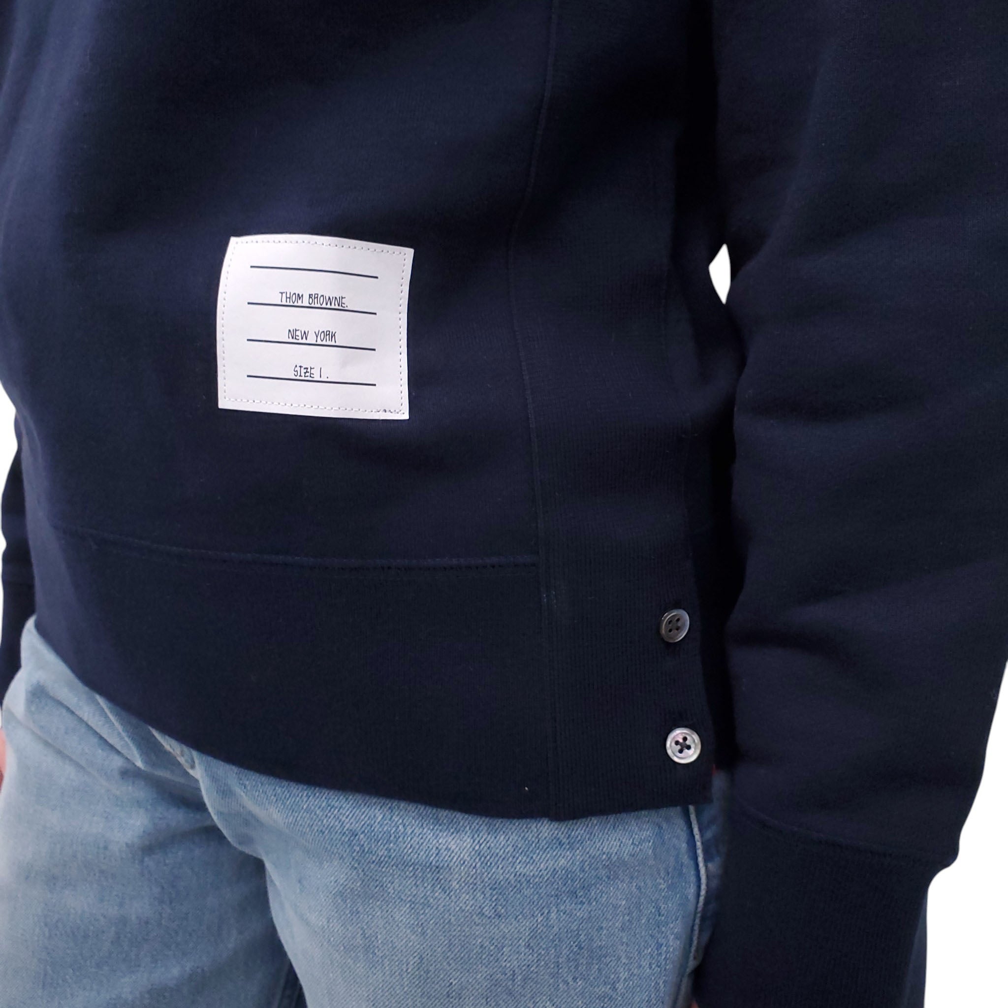 THOM BROWNE NAVY LONG-SLEEVE SWEATSHIRT WITH WHITE 4-BAR DETAIL - SIZE 1/S