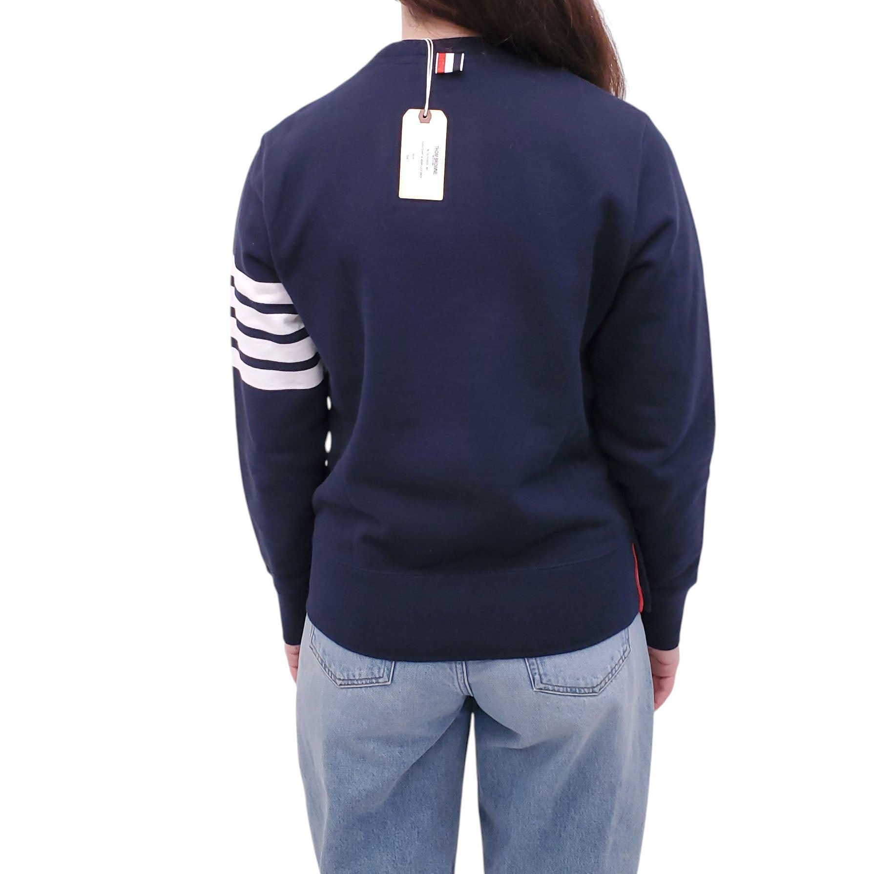 THOM BROWNE NAVY LONG-SLEEVE SWEATSHIRT WITH WHITE 4-BAR DETAIL - SIZE 1/S