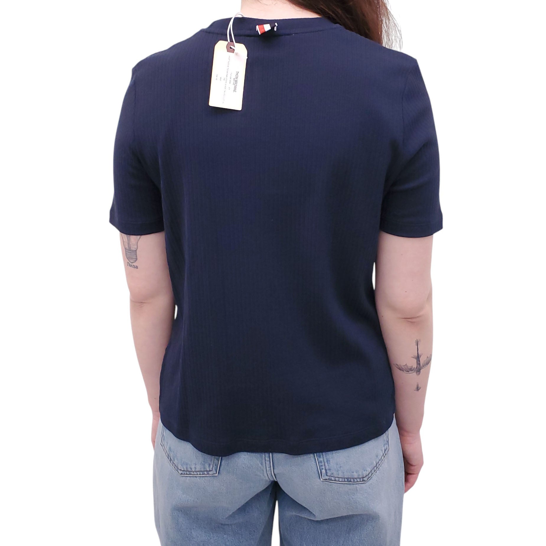 THOM BROWNE NAVY RIBBED T-SHIRT WITH RIBBON STRIPE DETAIL - SIZE 42