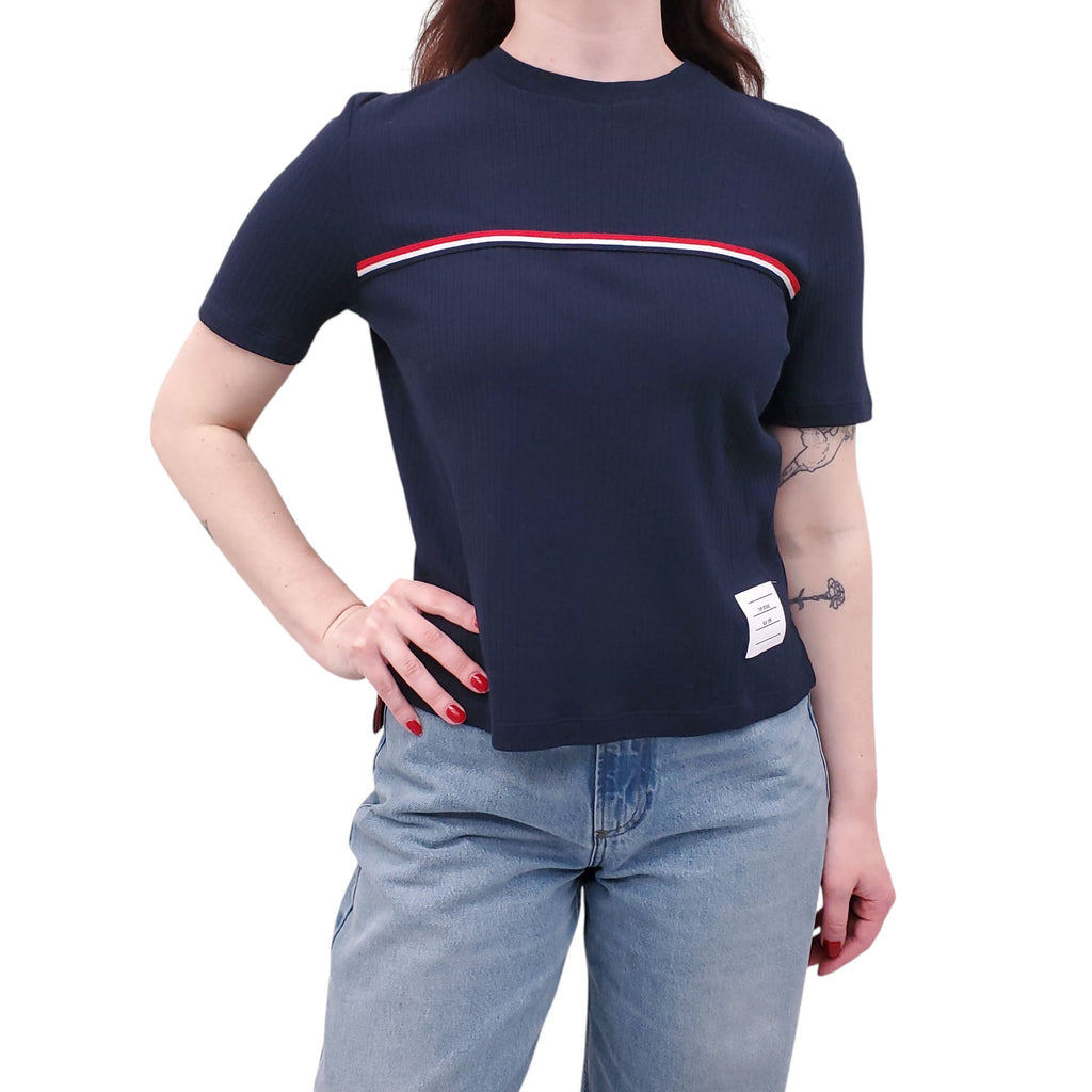 THOM BROWNE NAVY RIBBED T-SHIRT WITH RIBBON STRIPE DETAIL - SIZE 42