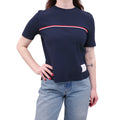 THOM BROWNE NAVY RIBBED T-SHIRT WITH RIBBON STRIPE DETAIL - SIZE 42