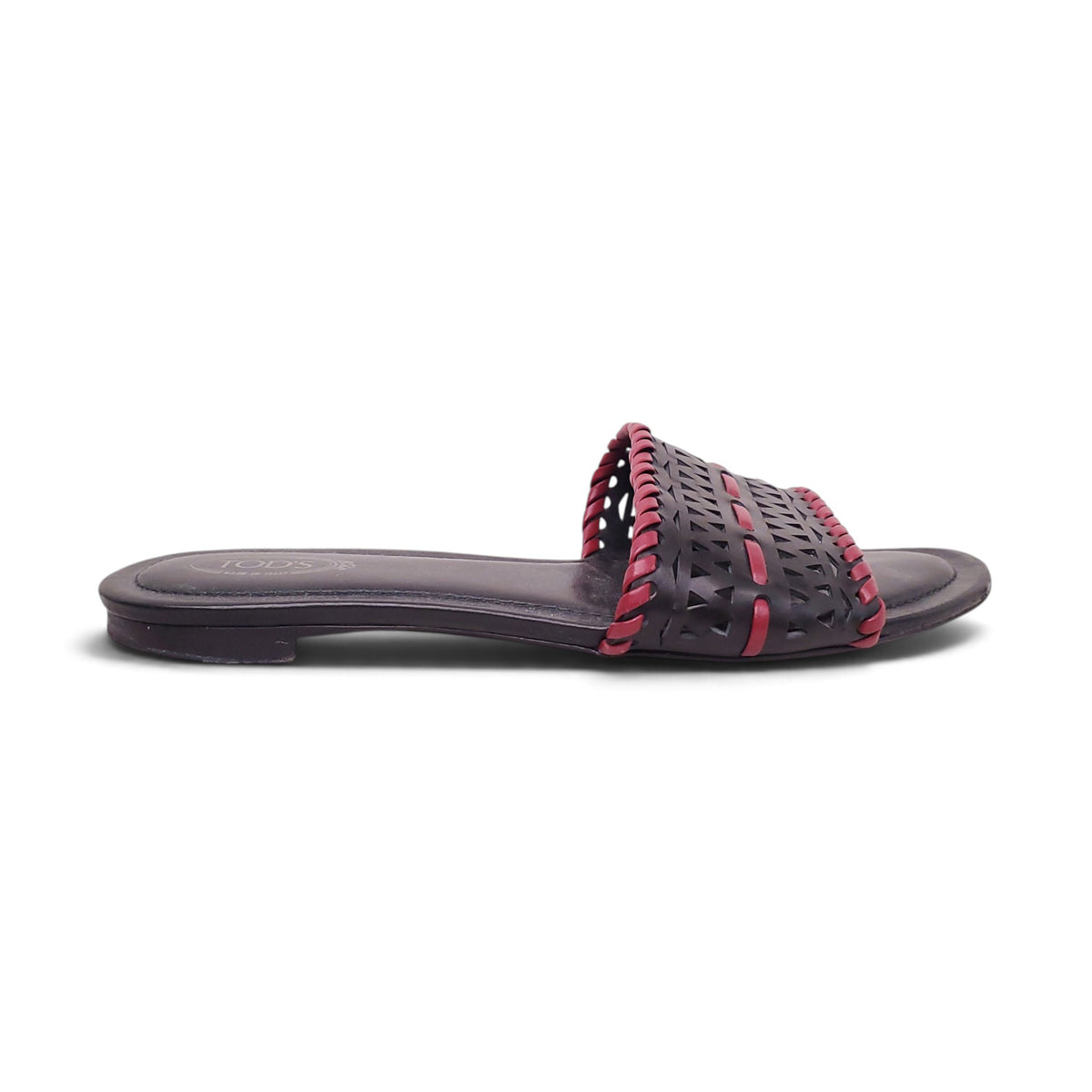 TOD'S BLACK AND RED LEATHER LASER CUT SLIDES - SIZE 38.5