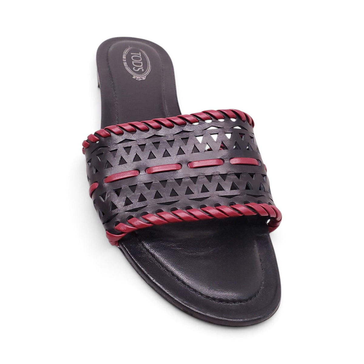 TOD'S BLACK AND RED LEATHER LASER CUT SLIDES - SIZE 38.5