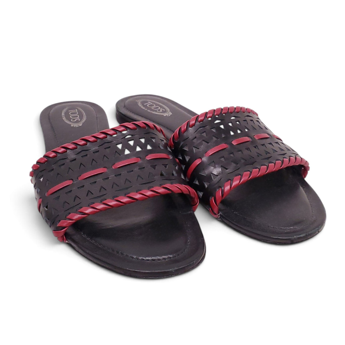 TOD'S BLACK AND RED LEATHER LASER CUT SLIDES - SIZE 38.5