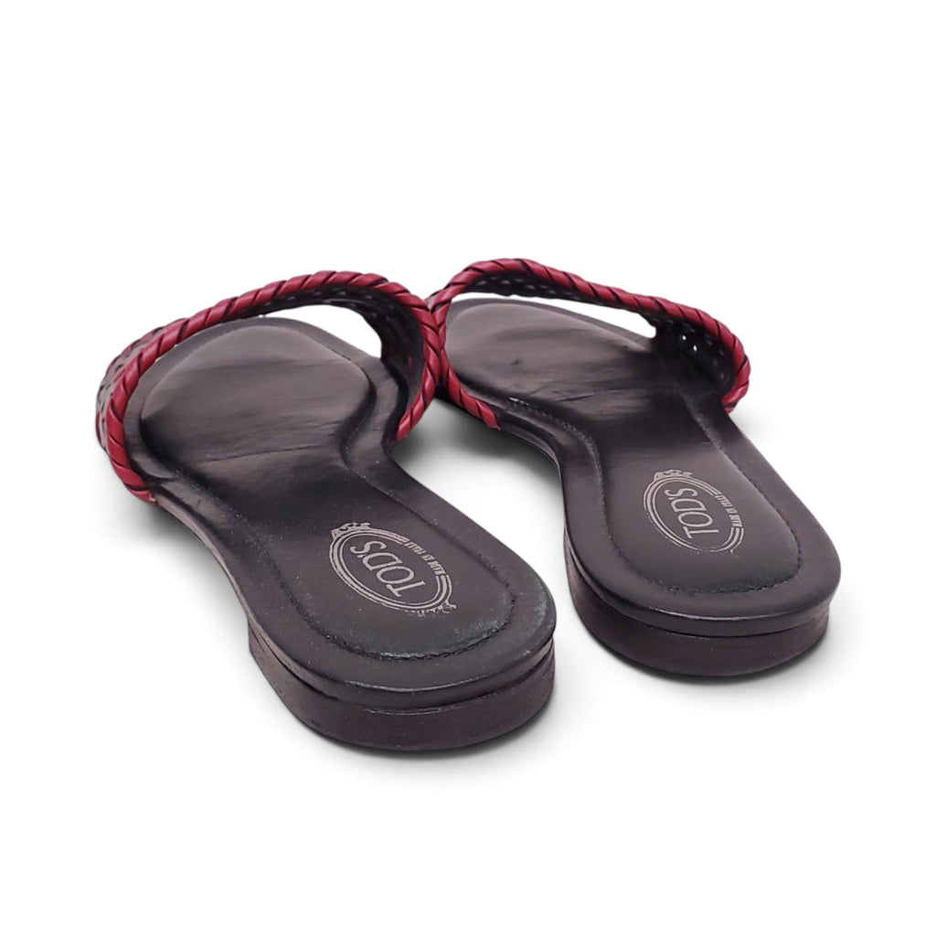 TOD'S BLACK AND RED LEATHER LASER CUT SLIDES - SIZE 38.5
