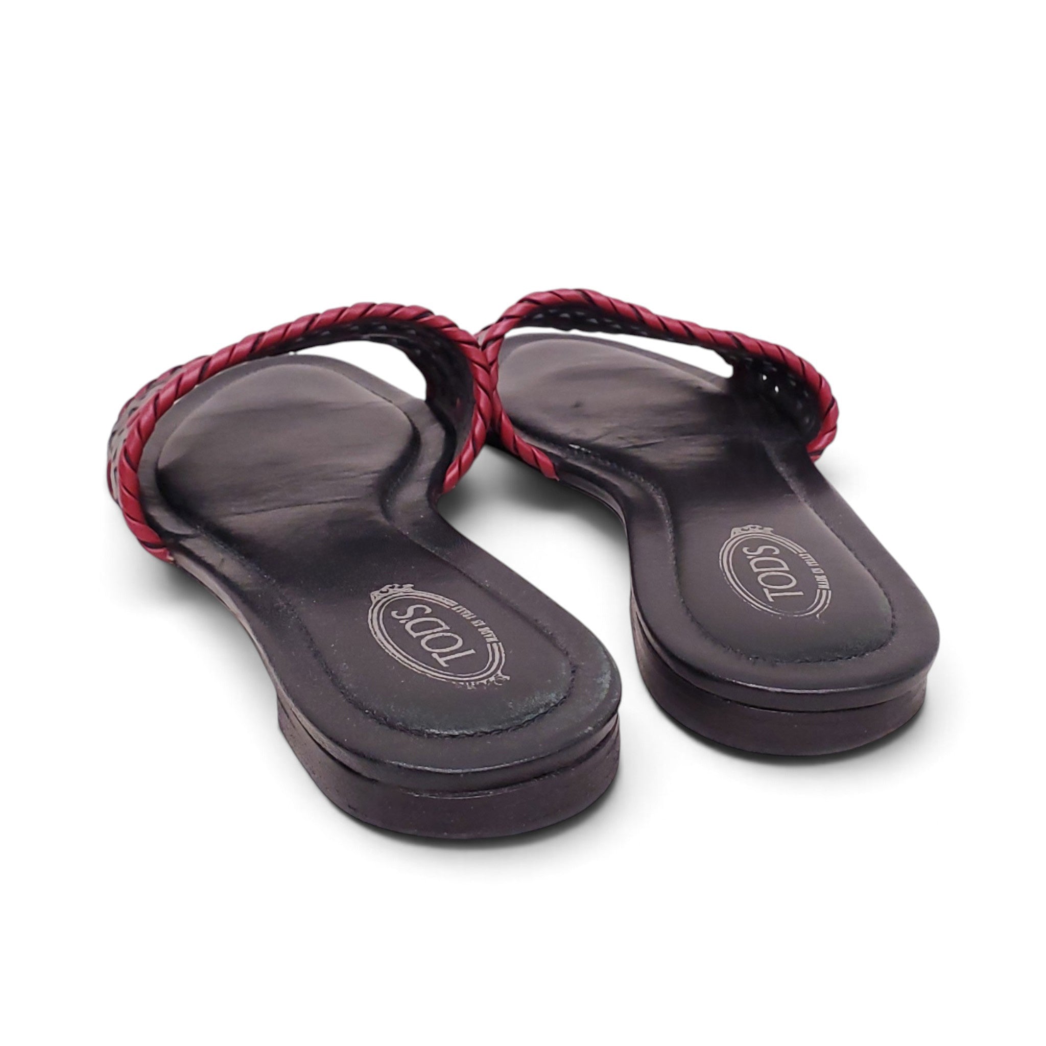 TOD'S BLACK AND RED LEATHER LASER CUT SLIDES - SIZE 38.5