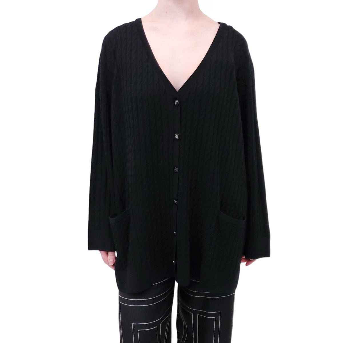 TOTEME BLACK CABLE KNIT OVERSIZED CARDIGAN WITH LOGO BUTTONS - SIZE XS