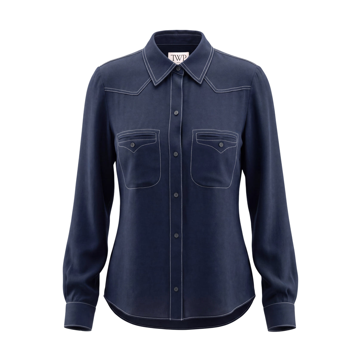 TWP NAVY BLOUSE WITH CREAM STITCHING - SIZE M