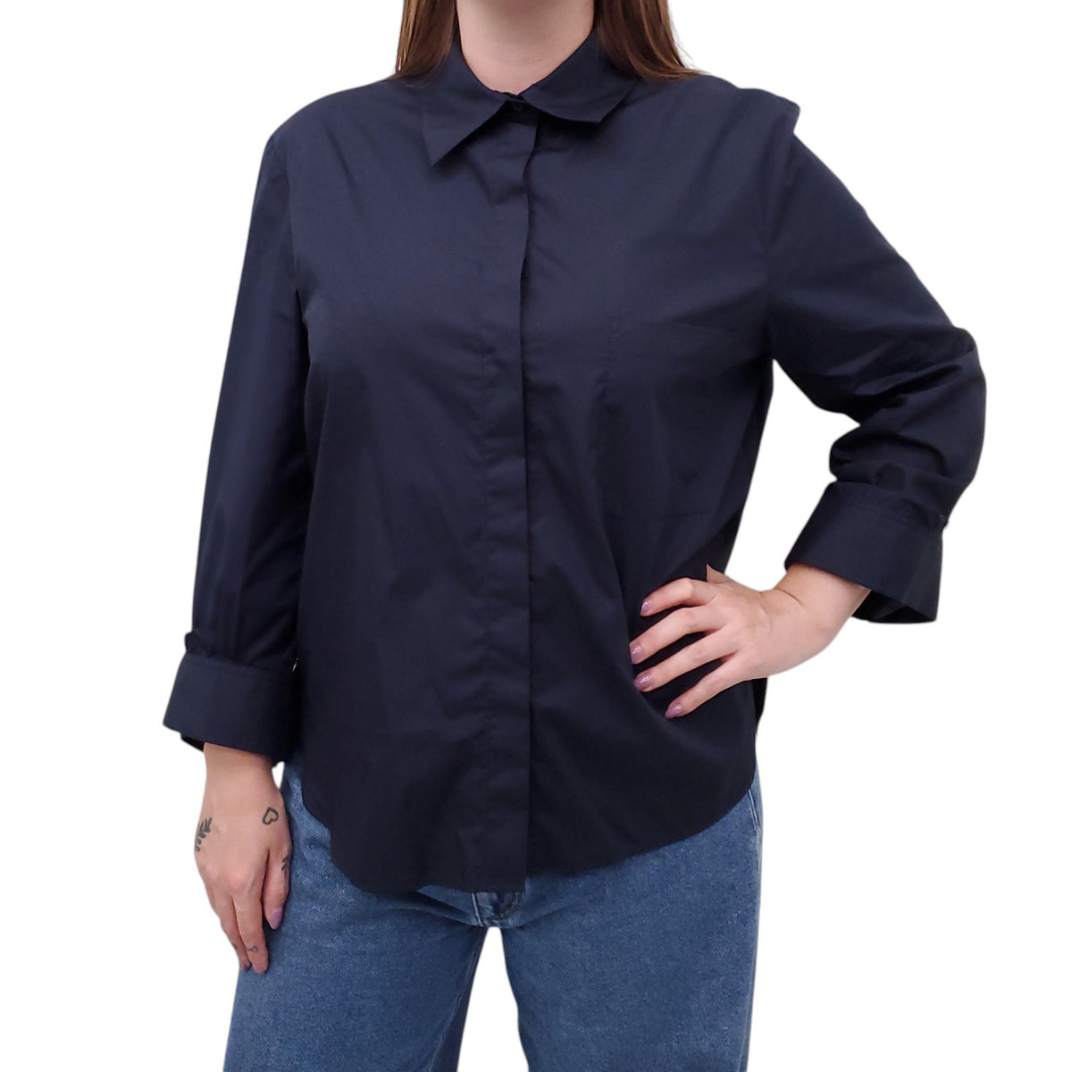 TWP NAVY BUTTON UP BLOUSE - SIZE L