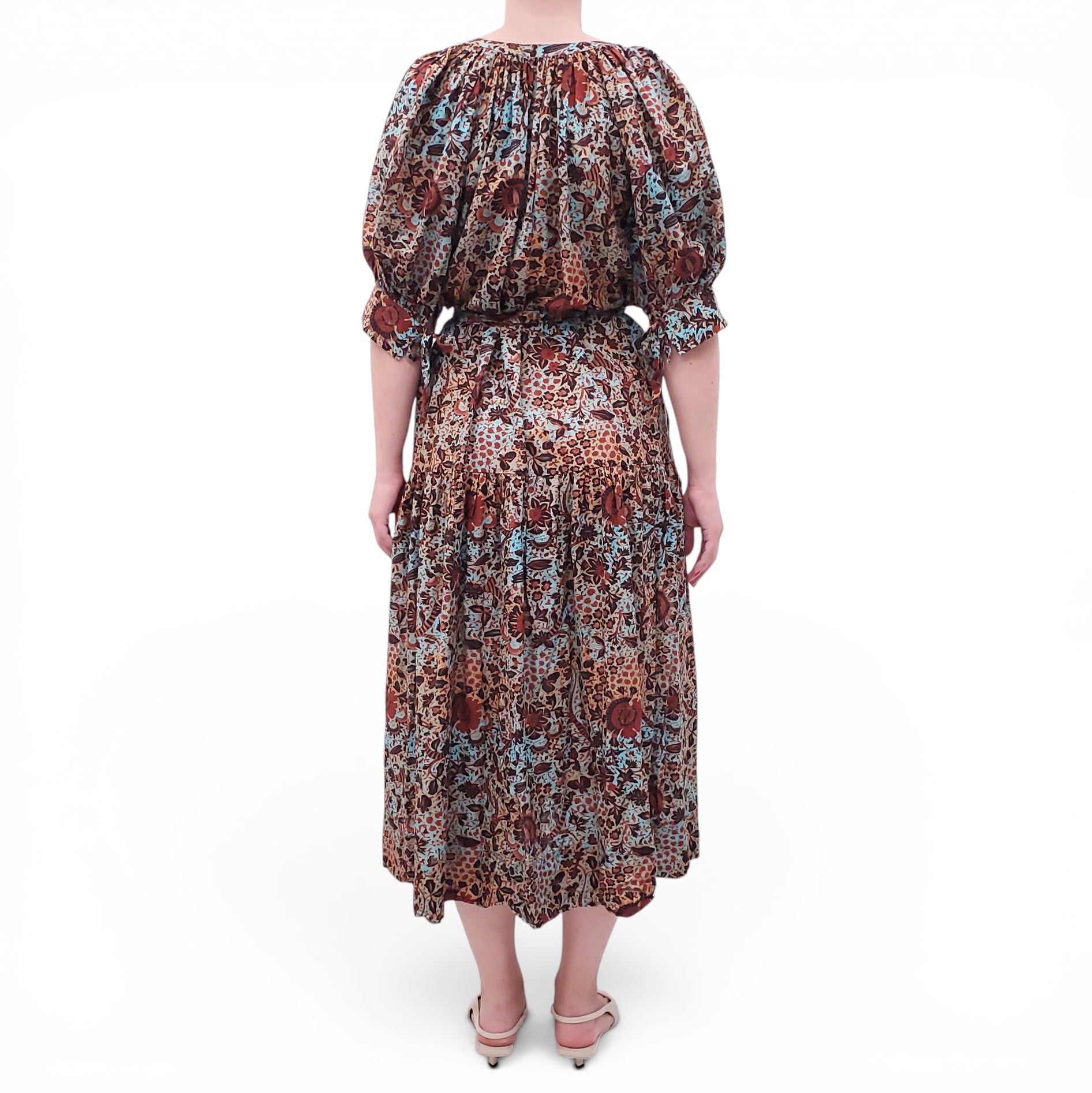 ULLA JOHNSON BLUE AND BROWN PATTERNED DRESS - SIZE M