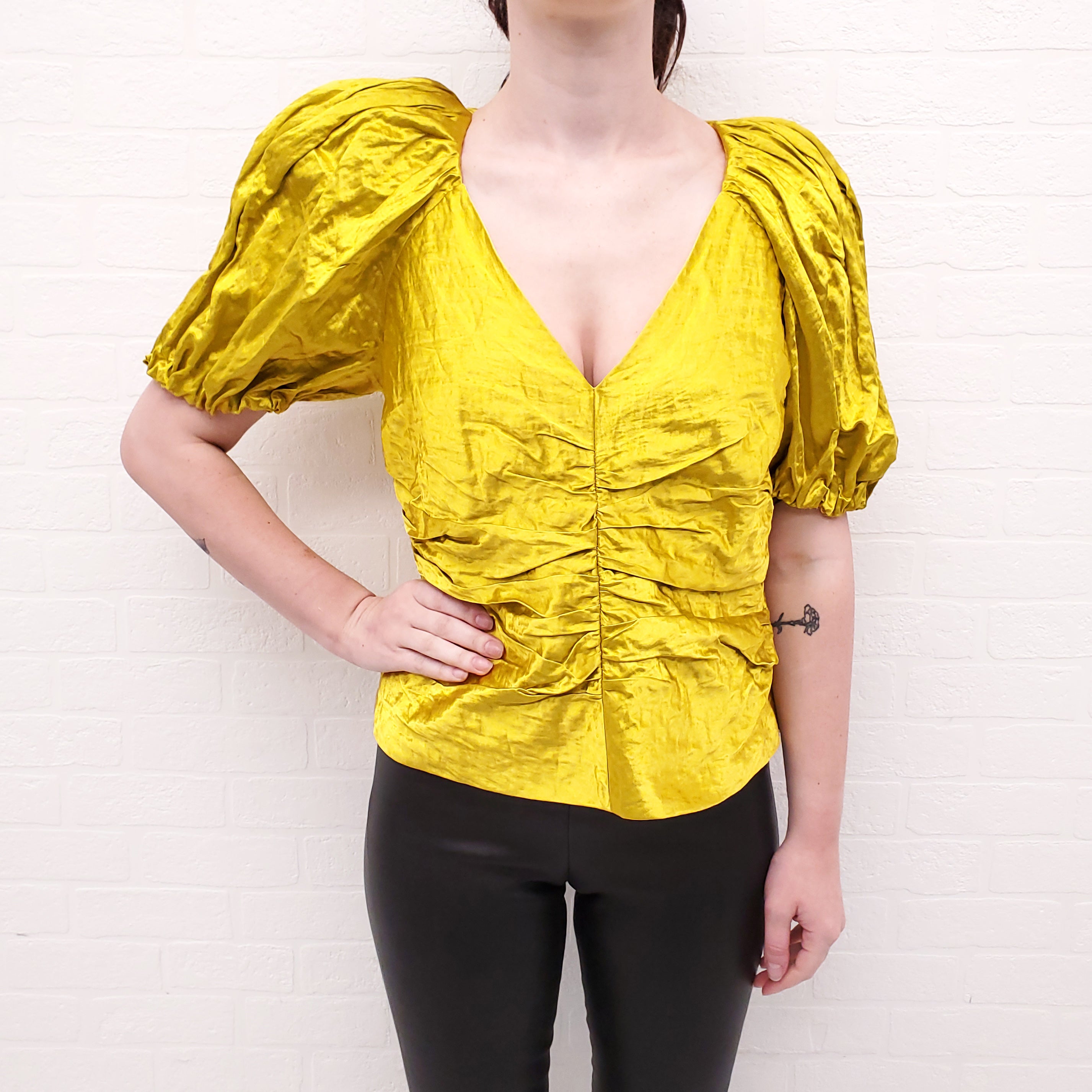 ULLA JOHNSON CHARTREUSE CRINKLE BLOUSE - SIZE 6