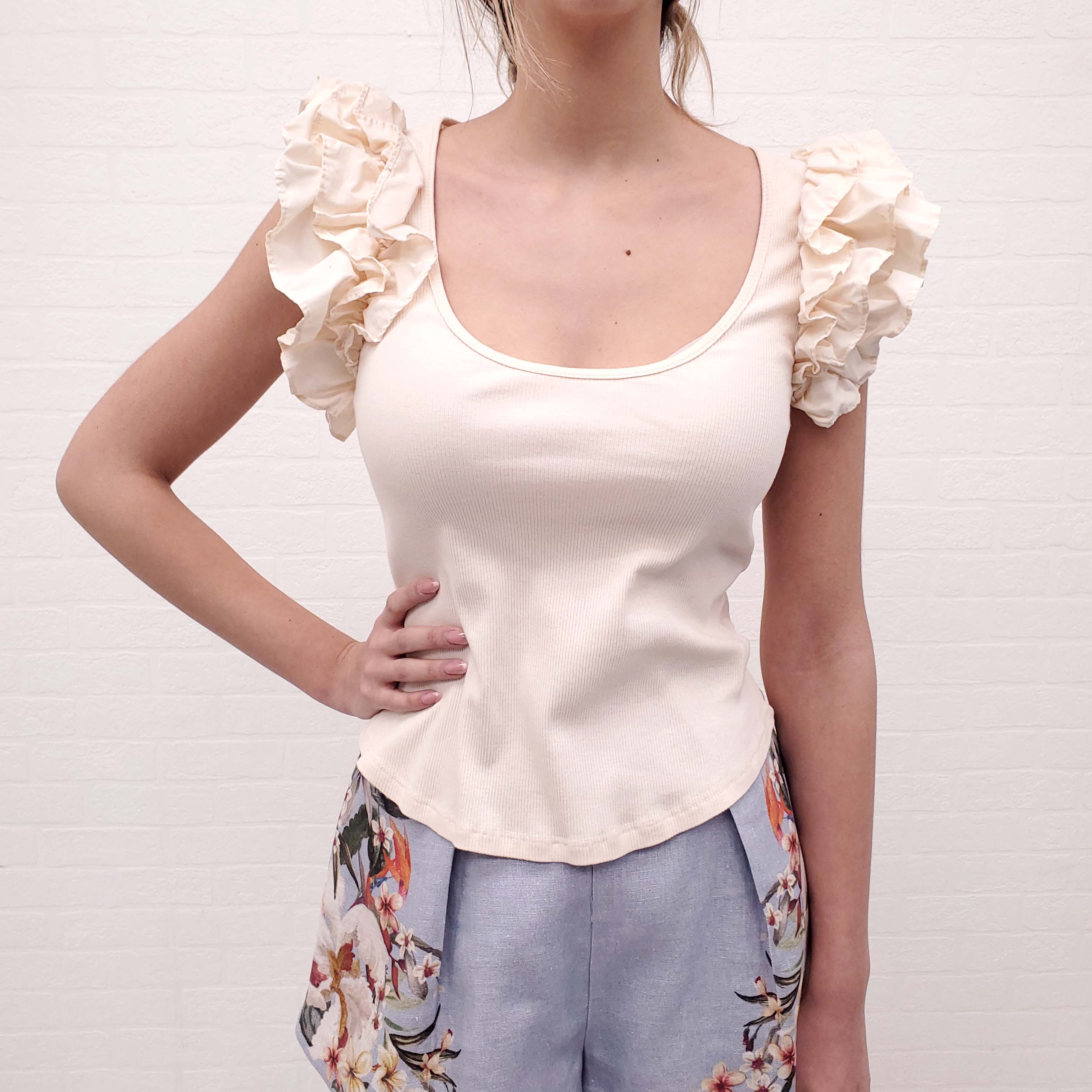 ULLA JOHNSON CREAM RIBBED TOP WITH RUFFLE DETAIL - SIZE M