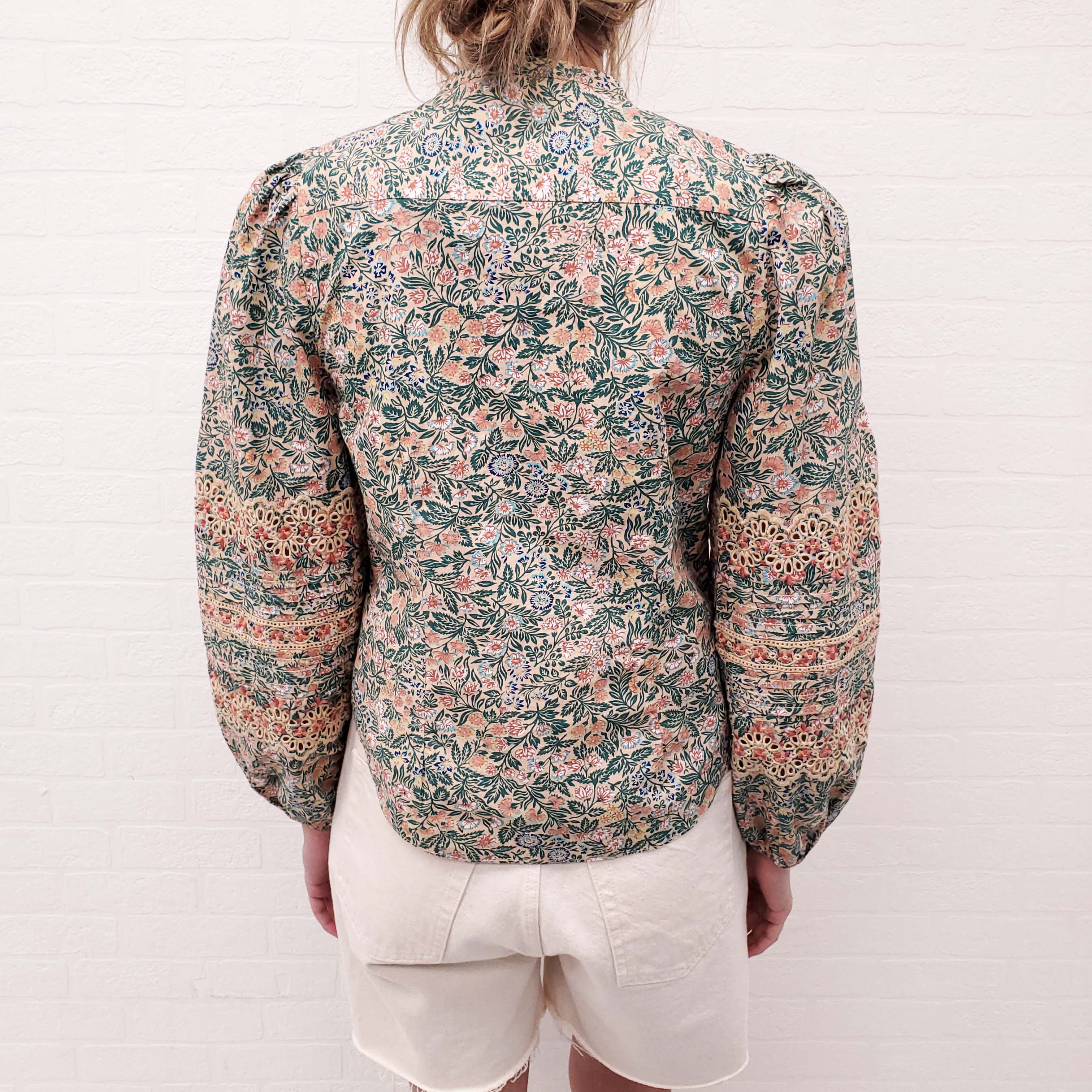 ULLA JOHNSON GREEN AND YELLOW PATTERNED EYELET BLOUSE - SIZE 6