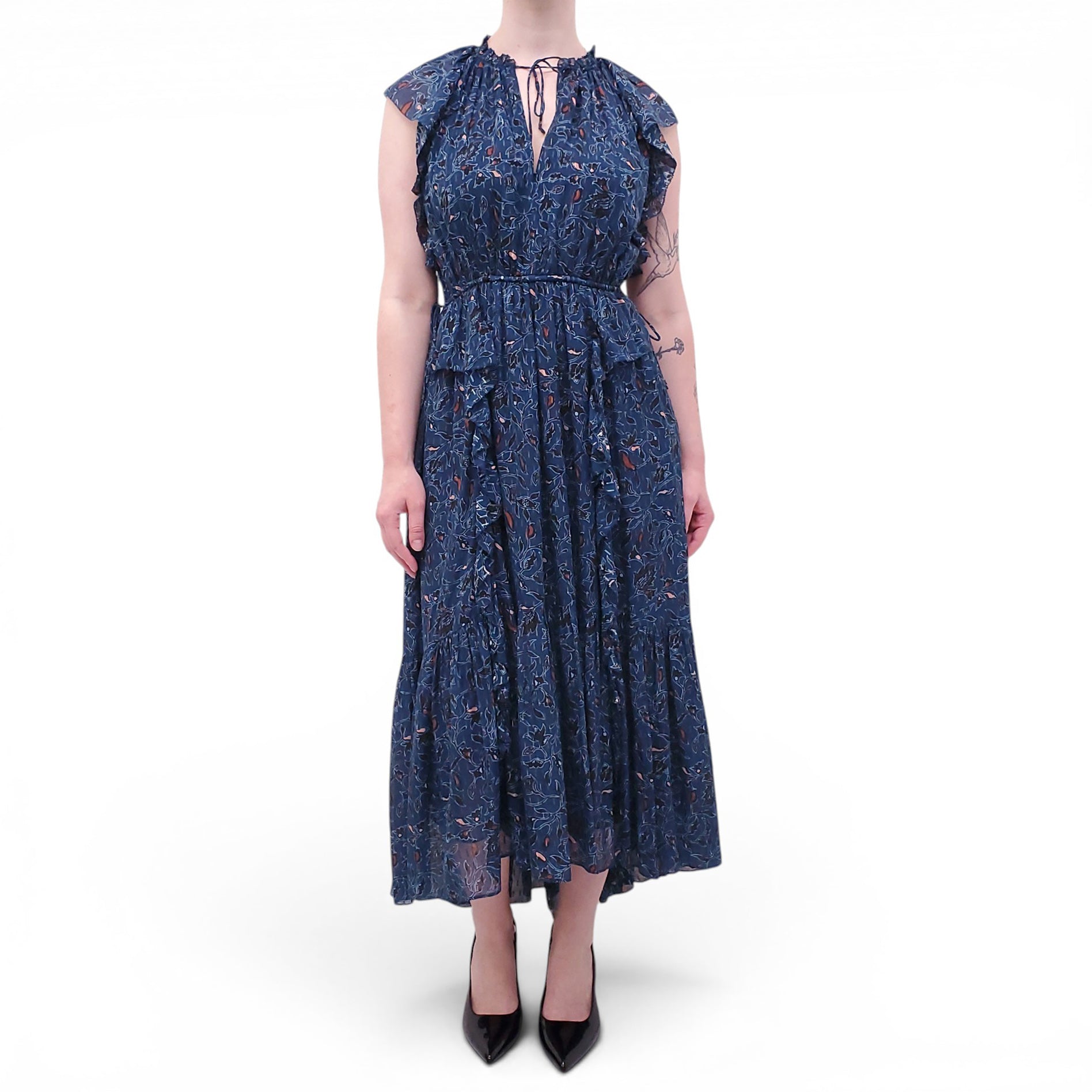 ULLA JOHNSON NAVY METALLIC PATTERNED DRESS - SIZE 6