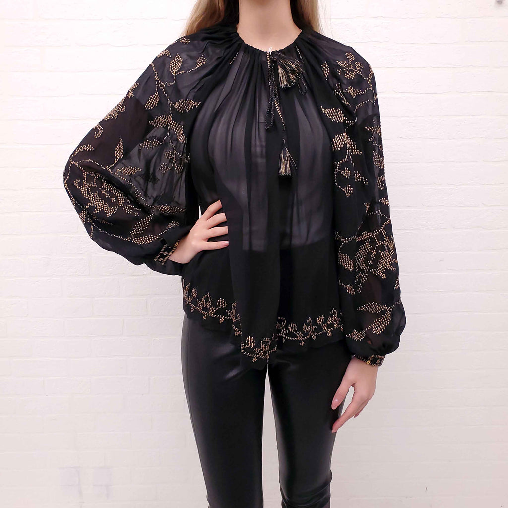 ULLA JOHNSON SILK BOHO TOP WITH GOLD BEADING - SIZE 4