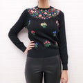 VALENTINO BLACK CABLE KNIT SWEATER WITH FLORAL EMBROIDERY - SIZE M