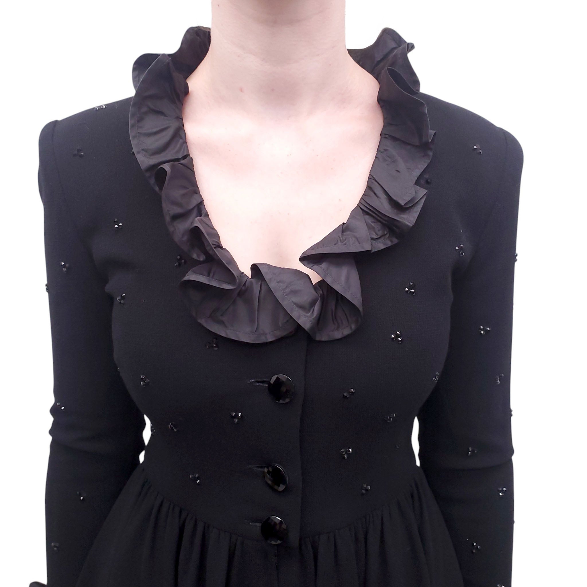 VALENTINO BLACK DRESS WITH CRYSTAL AND RUFFLE COLLAR DETAILS - SIZE 6