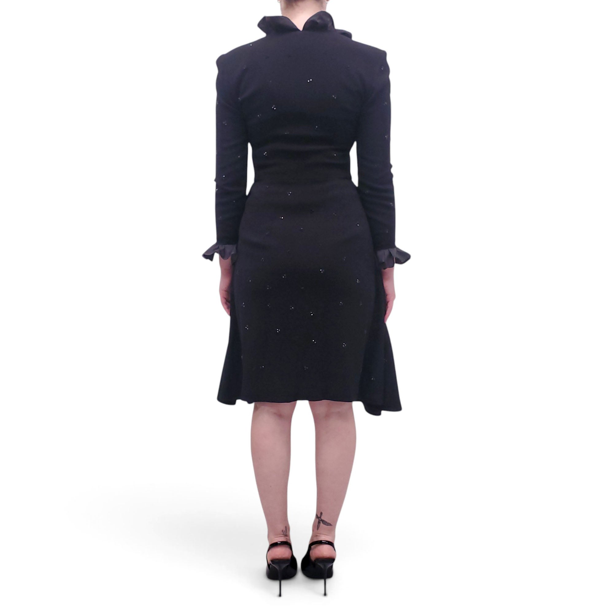 VALENTINO BLACK DRESS WITH CRYSTAL AND RUFFLE COLLAR DETAILS - SIZE 6