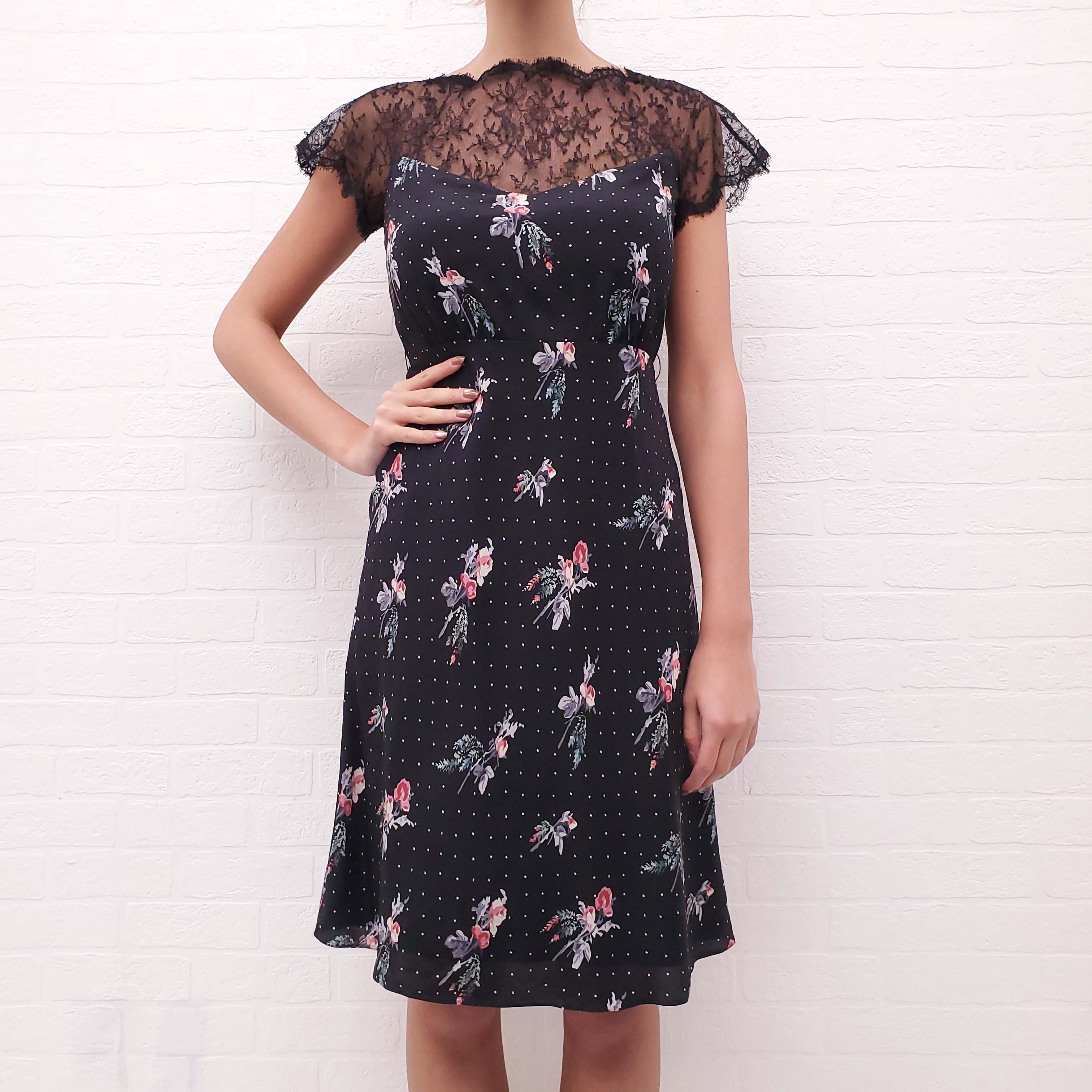VALENTINO BLACK FLORAL AND STAR DRESS WITH LACE - SIZE 4