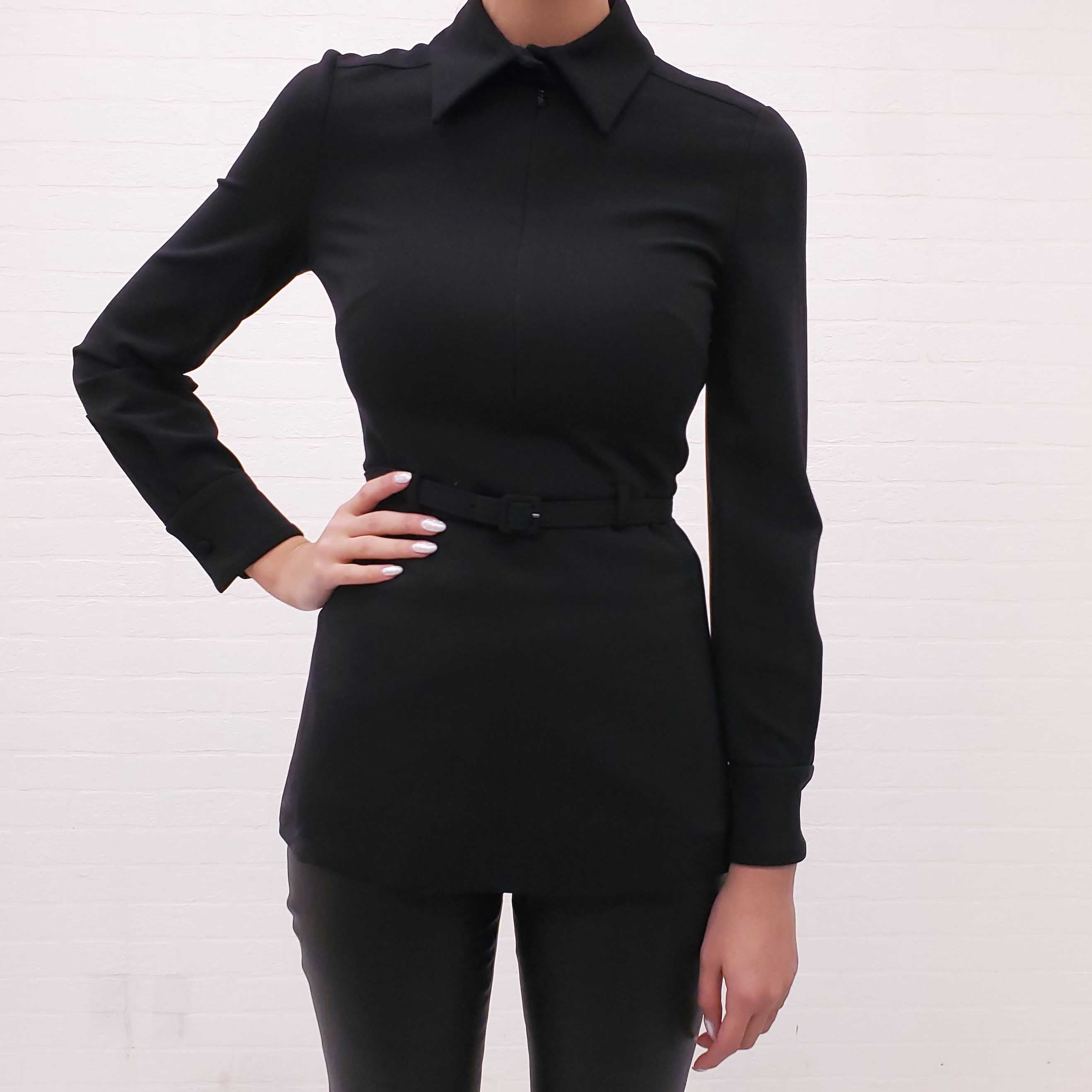 VALENTINO BLACK HALF ZIP JERSEY BLOUSE WITH BELT AND ROCKSTUD ZIPPER - SIZE 36