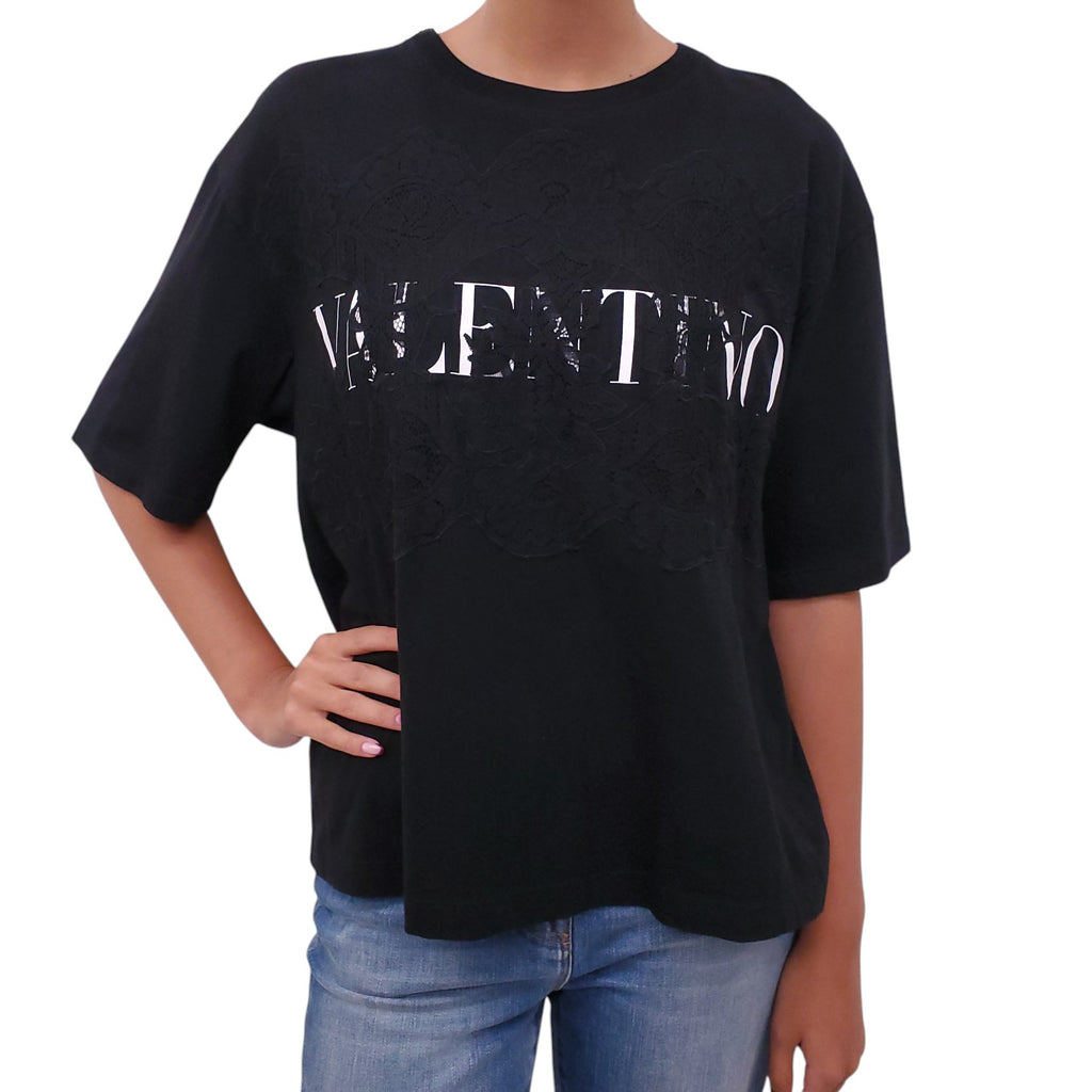 VALENTINO BLACK JERSEY & LACE T-SHIRT - SIZE L