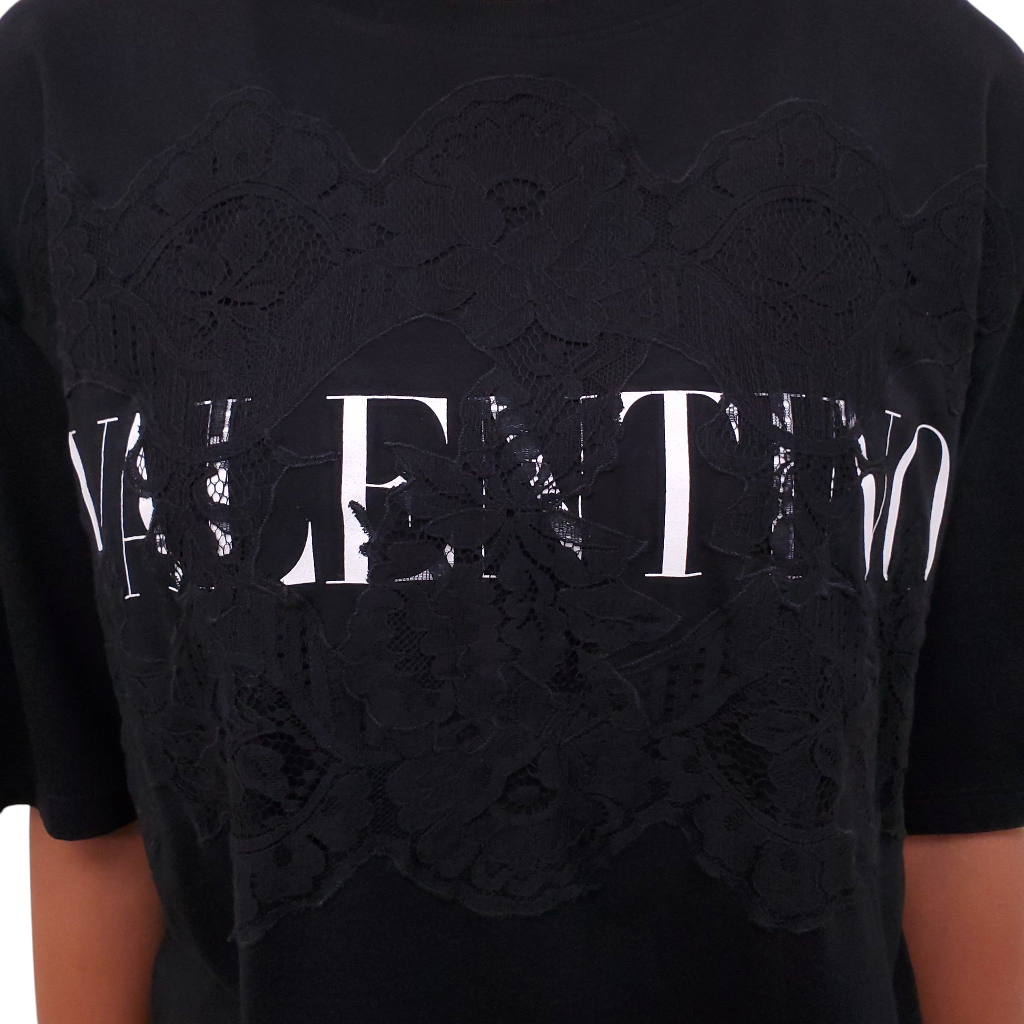 VALENTINO BLACK JERSEY & LACE T-SHIRT - SIZE L