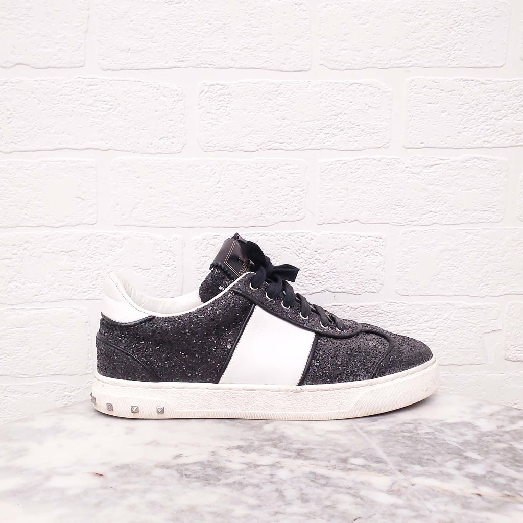VALENTINO BLACK SEQUIN ROCKSTUD SNEAKERS - SIZE 38.5
