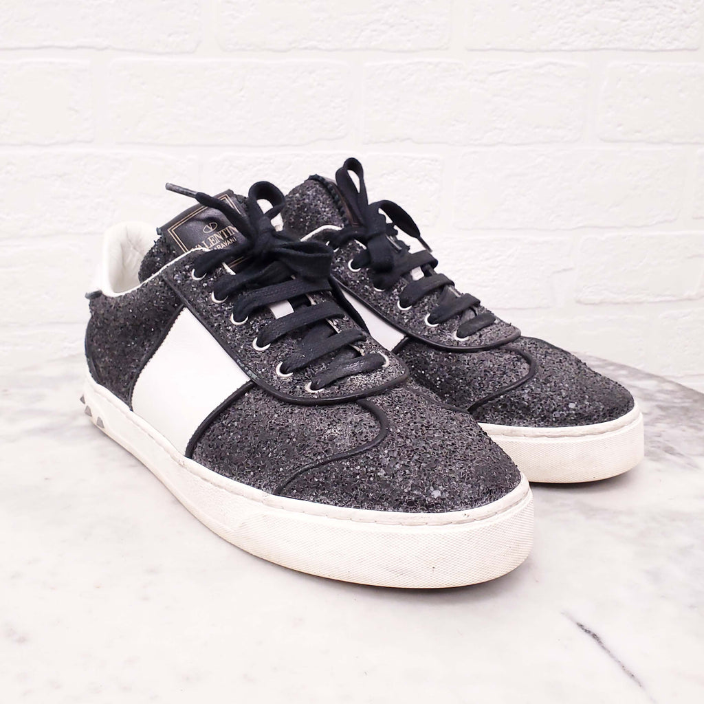 VALENTINO BLACK SEQUIN ROCKSTUD SNEAKERS - SIZE 38.5