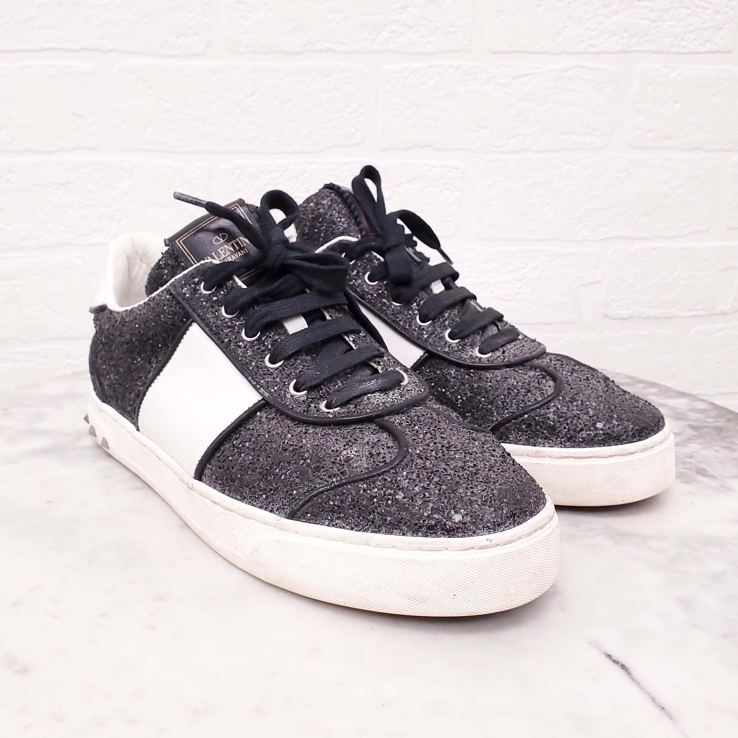 VALENTINO BLACK SEQUIN ROCKSTUD SNEAKERS - SIZE 38.5