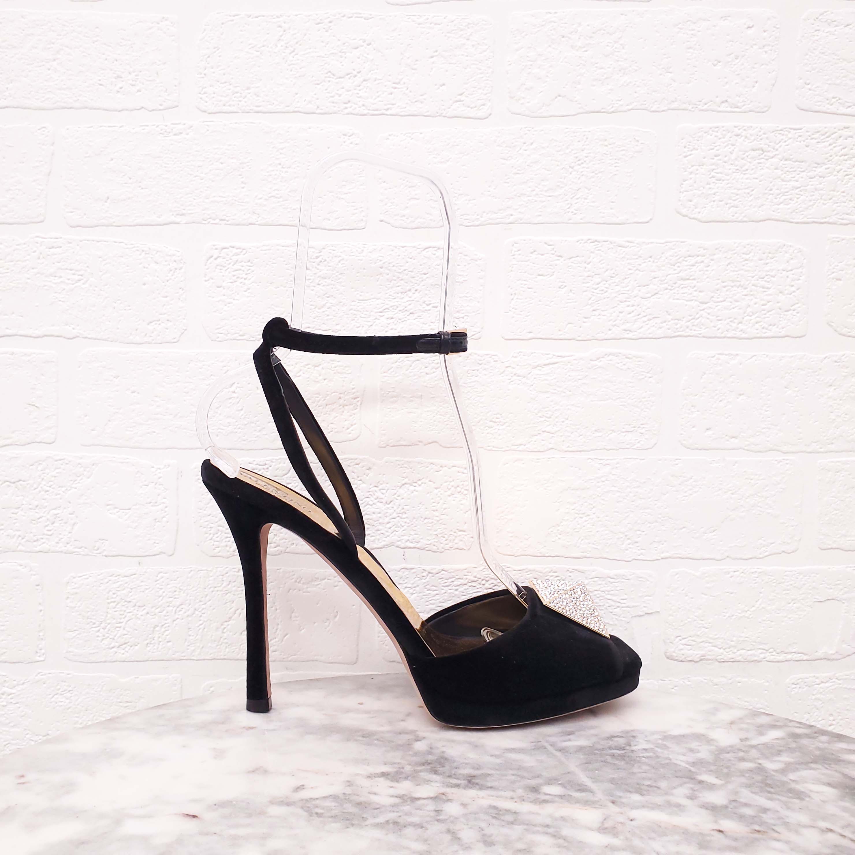VALENTINO BLACK VELVET ROMAN CRYSTAL ROCKSTUD PEEP TOE PLATFORM HEELS - SIZE 41