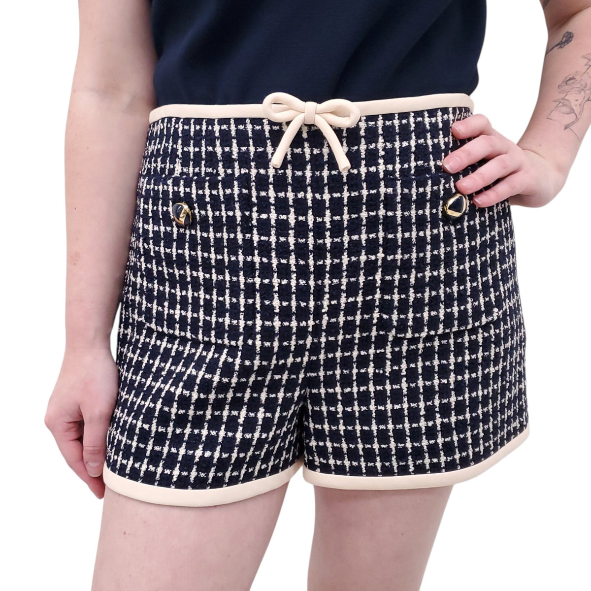 VALENTINO BOUCLE CHECKERED SHORTS WITH V LOGO BUTTONS - SIZE 44