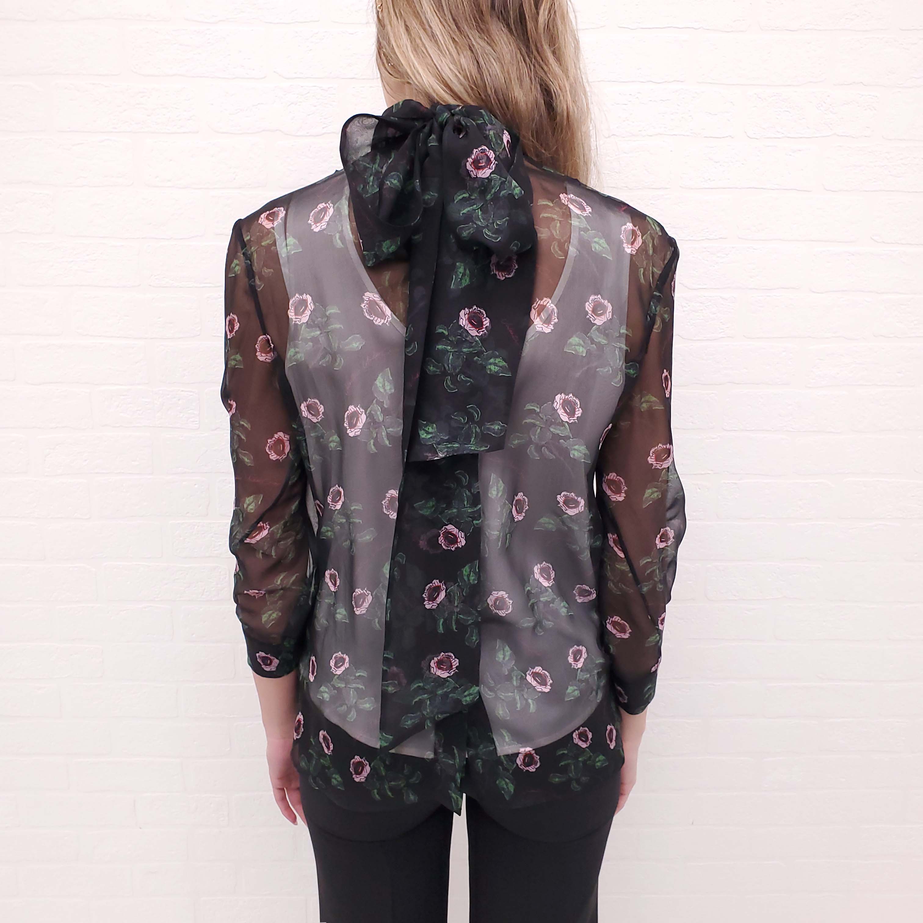 VALENTINO FLORAL SILK BLOUSE WITH NECKTIE DETAIL - SIZE 38