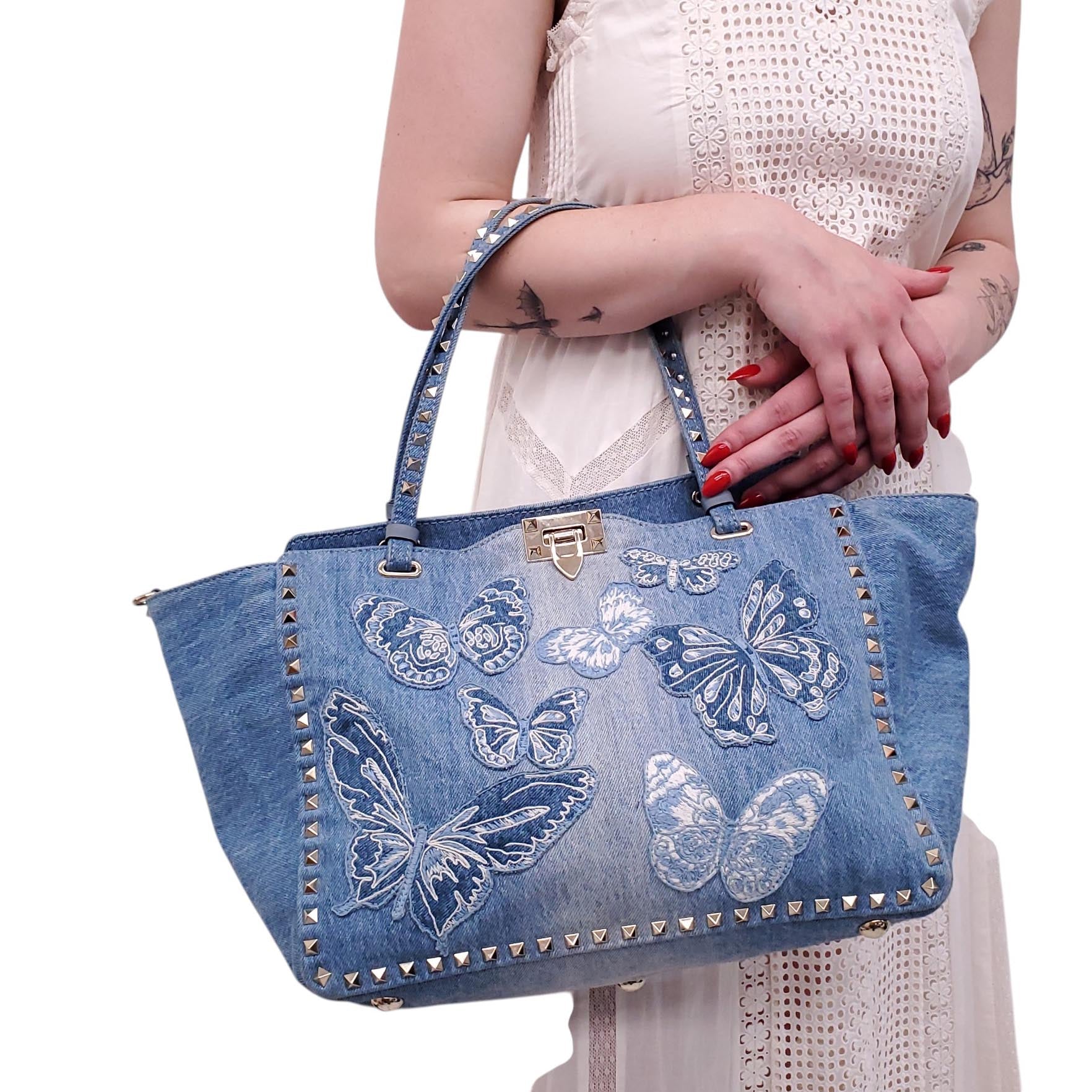 VALENTINO LIMITED EDITION DENIM BUTTERFLY ROCKSTUD TOTE