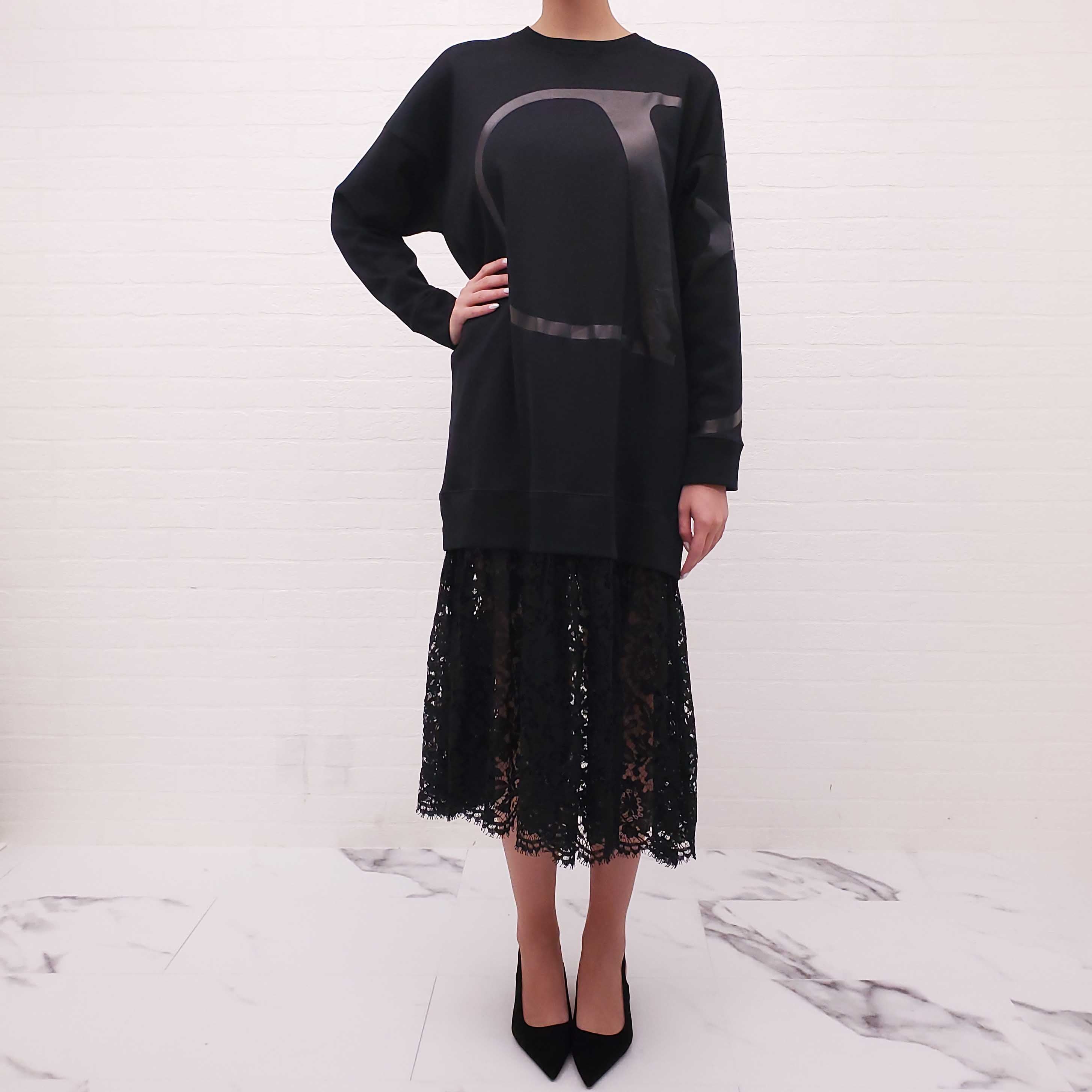 VALENTINO OVERSIZED BLACK LAYERED LACE LOGO DRESS - SIZE S