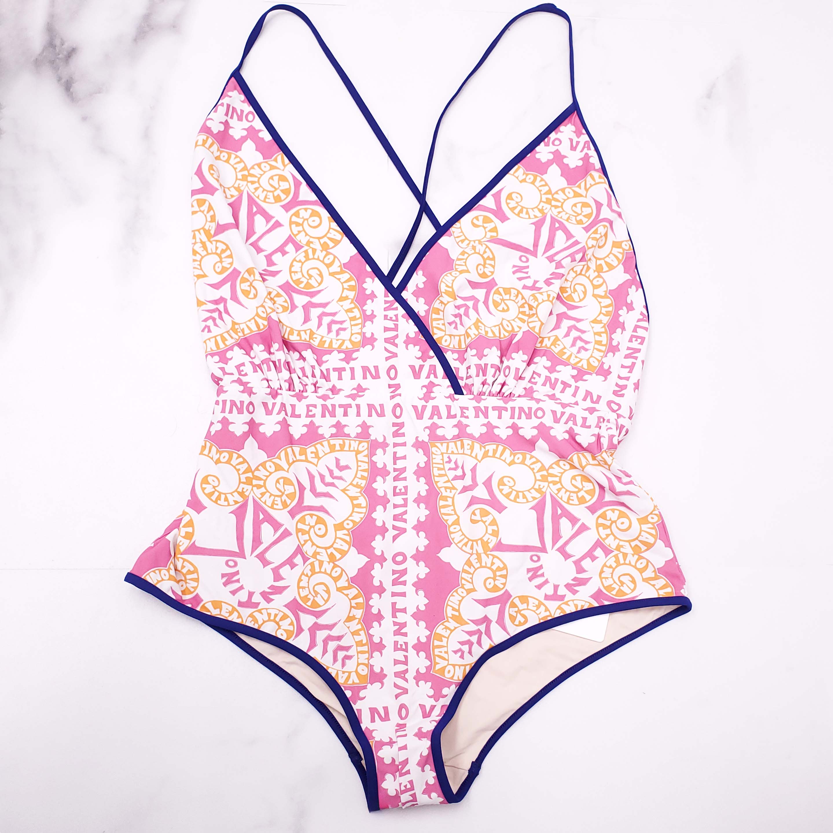 VALENTINO PINK AND ORANGE LOGO PATTERNED SWIMSUIT WITH PURPLE PIPING - SIZE L