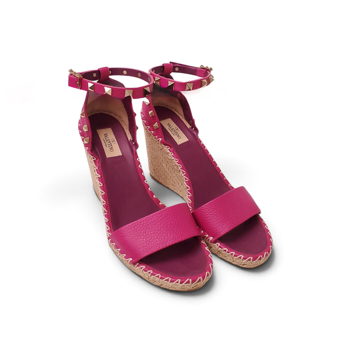 VALENTINO PINK LEATHER ROCKSTUD WEDGES - SIZE 40